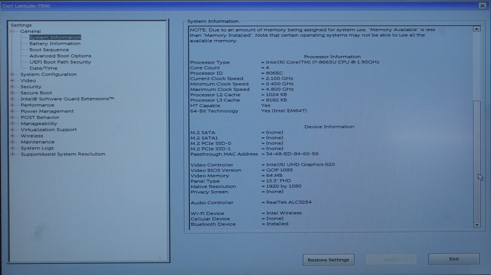 Dell Latitude 7300 Intel Core i7-8665U @1.90GHz 16 GB RAM (No SSD)