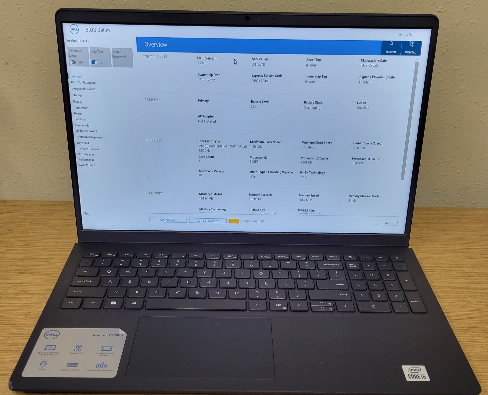 Dell Inspiron 15 3511 i5-1035G1 1.0GHz 16GB 256GB NVMe Touch Screen No OS