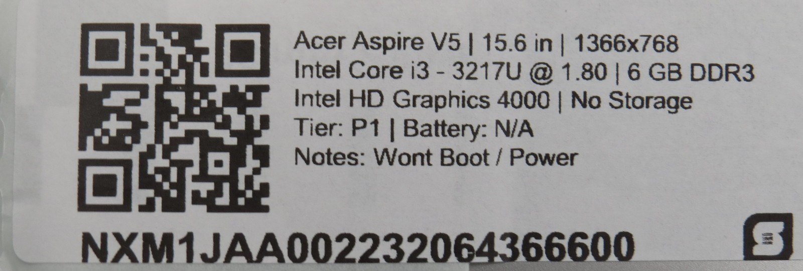 Acer Aspire V5 i3-3217U @ 1.8GHz 6GB DDR3 HD 4000 15.6″ No HDD/OS/AC PARTS