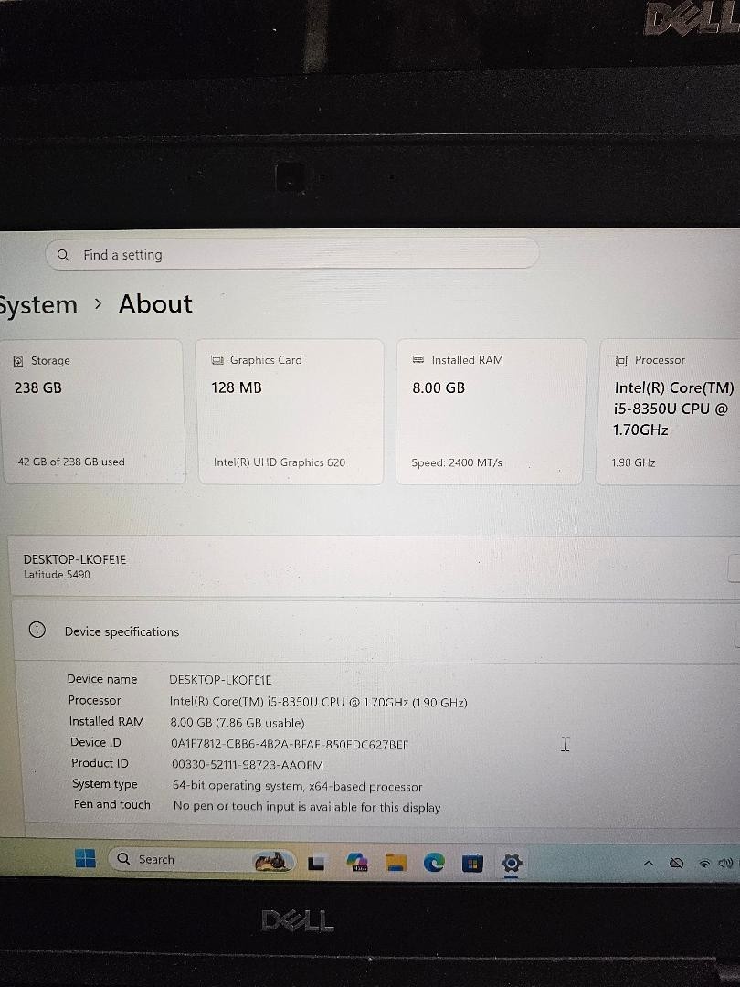 Dell Latitude 5490 14″ Core i5-8350U 1.7GHz 8GB RAM 256GB SSD windos 11 pro Fair