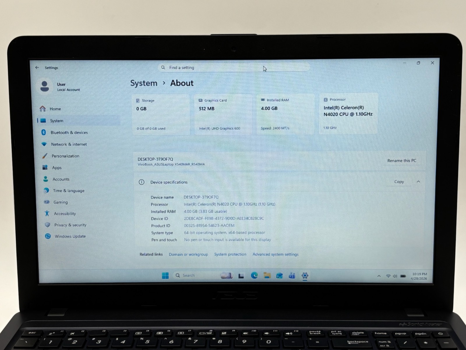 Asus VivoBook X540MAR_R543MA 15.6″ 1 TB HDD 4 GB RAM Celeron N4020 Win 11 Home