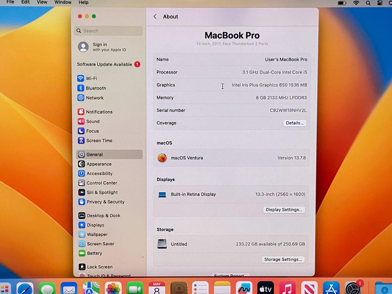 2017 Apple Macbook Pro 13″ 3.1Ghz Intel Core i5 8GB RAM 256GB SSD