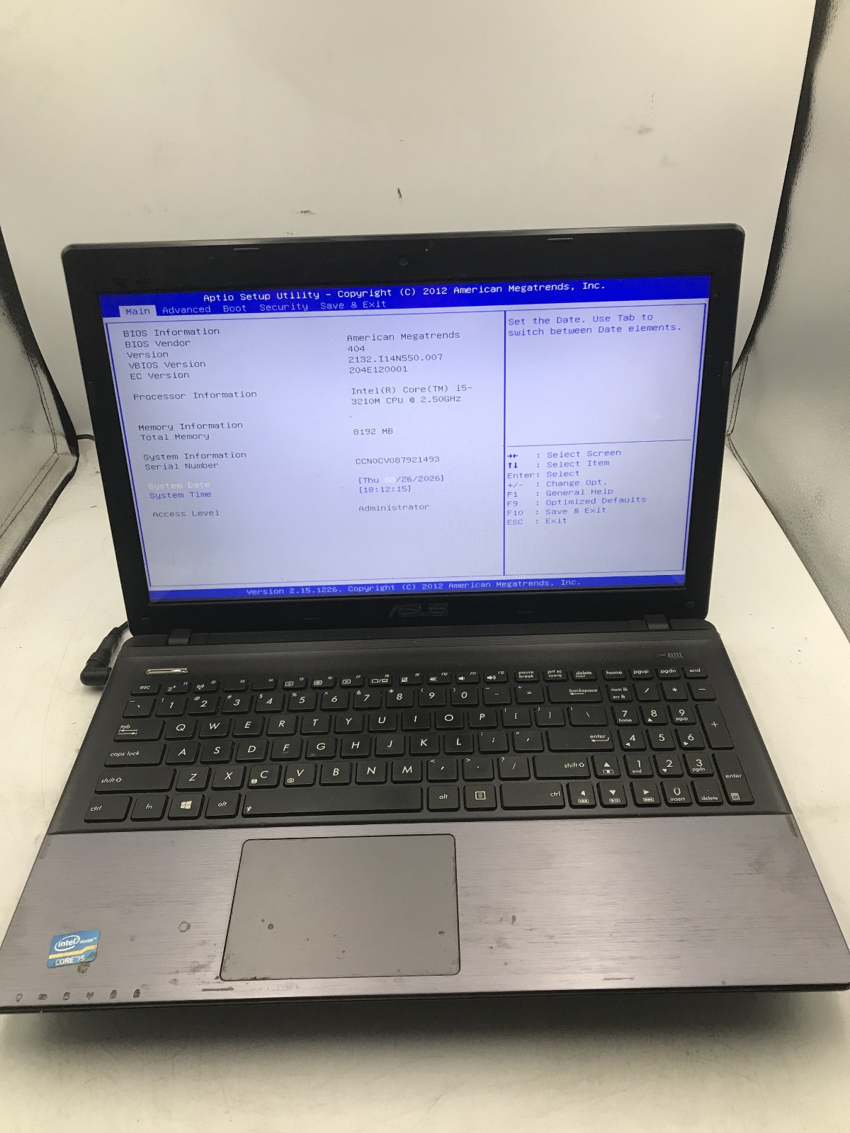 ASUS K55A NOTEBOOK – BOOTS TO BIOS – INTEL I5 3210M – 4GB RAM – READ DESCRIP -BB