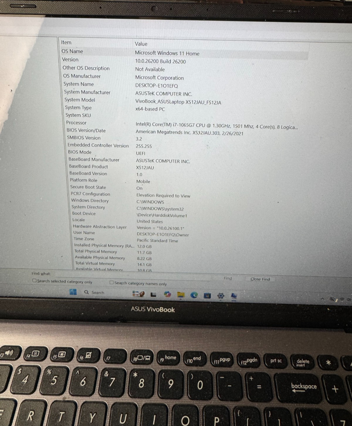 ASUS VIVOBOOK X512J Core i7-1065G7, 12GB RAM, 256GB SSD, Win11 *READ #4228