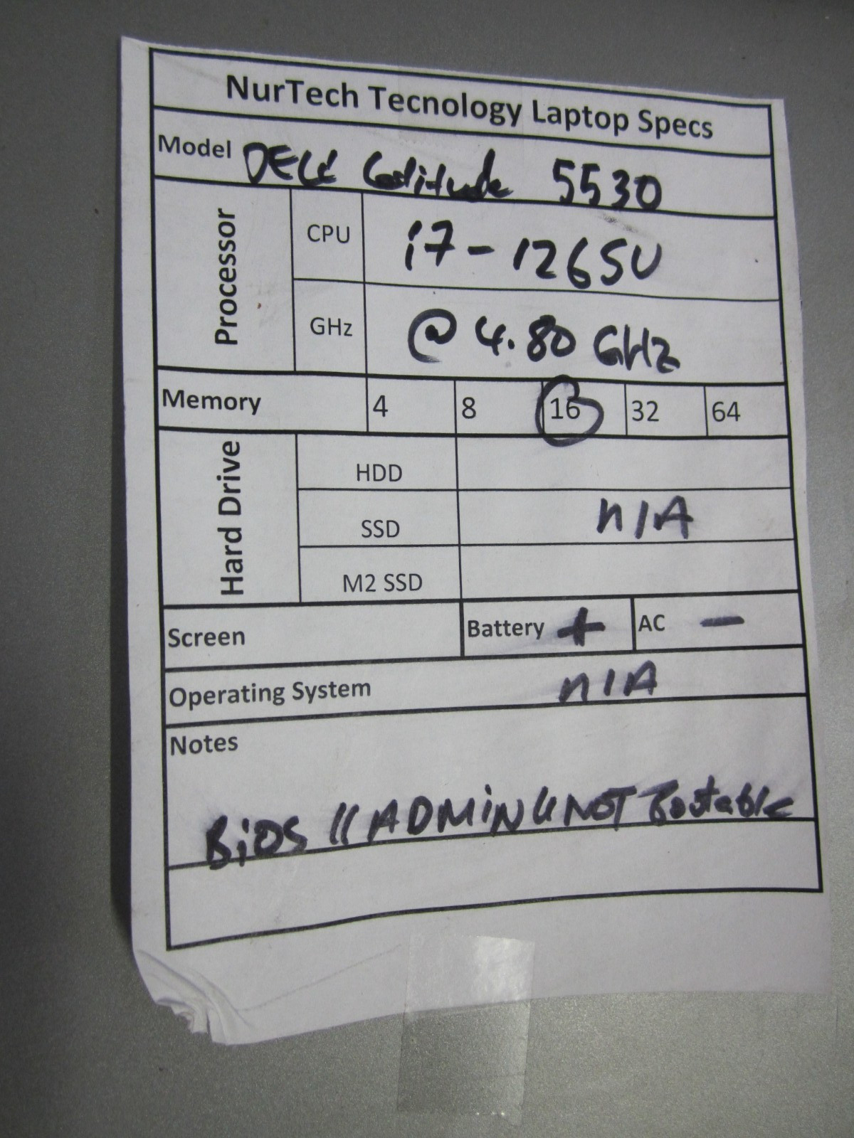 Dell Latitude 5530 I7-1265U 4.80GHz 16GB Laptop NO OS/AC/HDD BIOS
