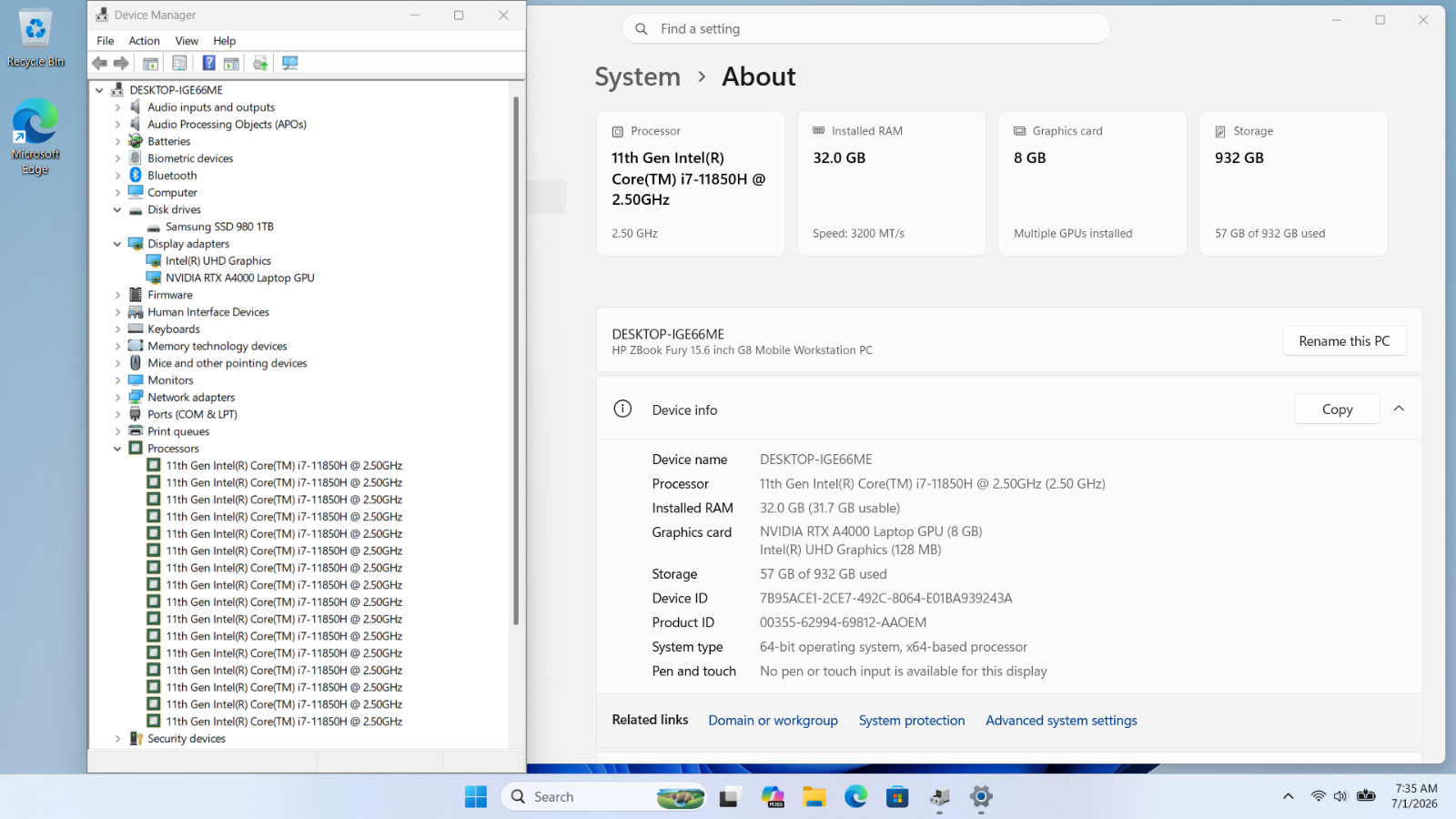 HP Zbook Fury 15.6″ G8 Laptop i7-11850H 32GB 1TB NVIDIA RTX A4000 8GB Backlit KB