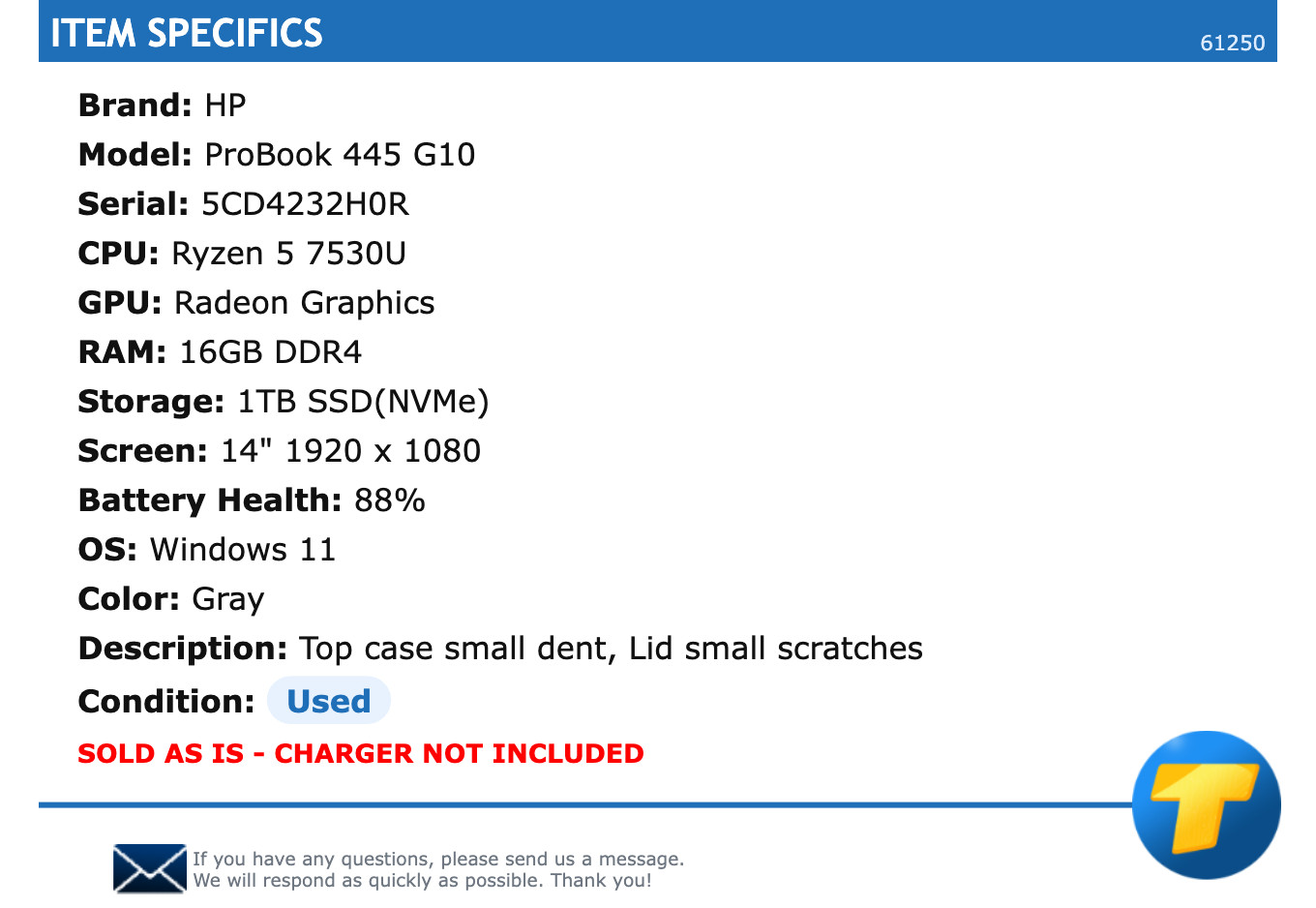 HP ProBook 445 G10 – 14″ FHD, Ryzen 5, 16GB RAM, 1TB SSD(NVMe), Windows 11