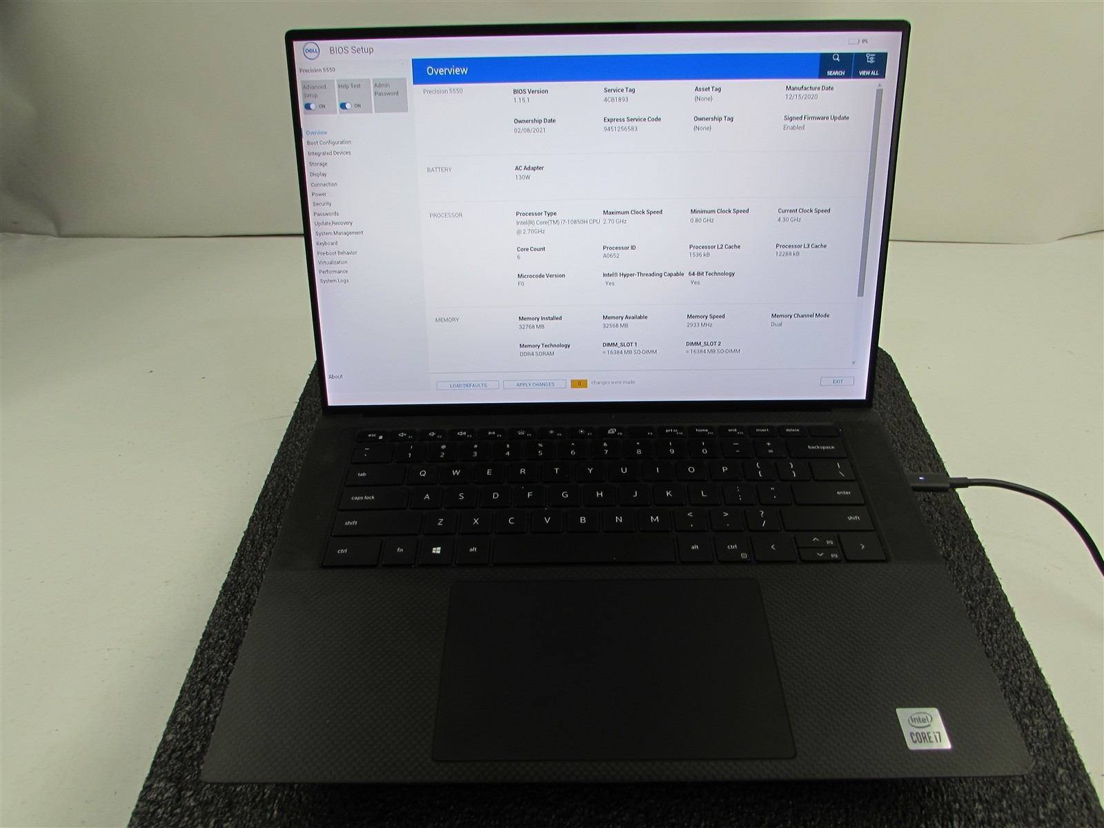 DELL PRECISION 5550 1920X1200 FHD I7-10850H 512GB 32GB RAM T1000 WIN 11 NO BATT