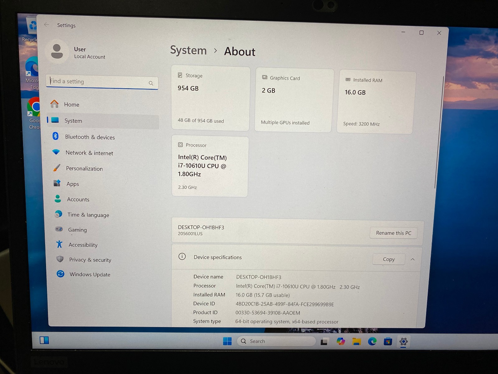 Excellent Lenovo ThinkPad T15 Gen 1 15.6″, i7-10610U, NVIDIA MX330, 16GB, 1TB