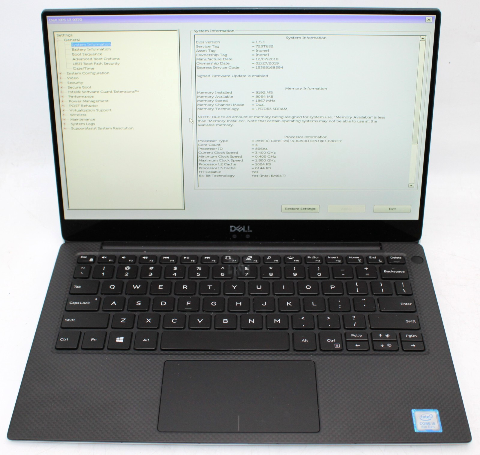 13.3″ Dell XPS 13 9370 Laptop i5-8250U @ 1.60GHz 8GB RAM 256GB SSD Win 11 Pro