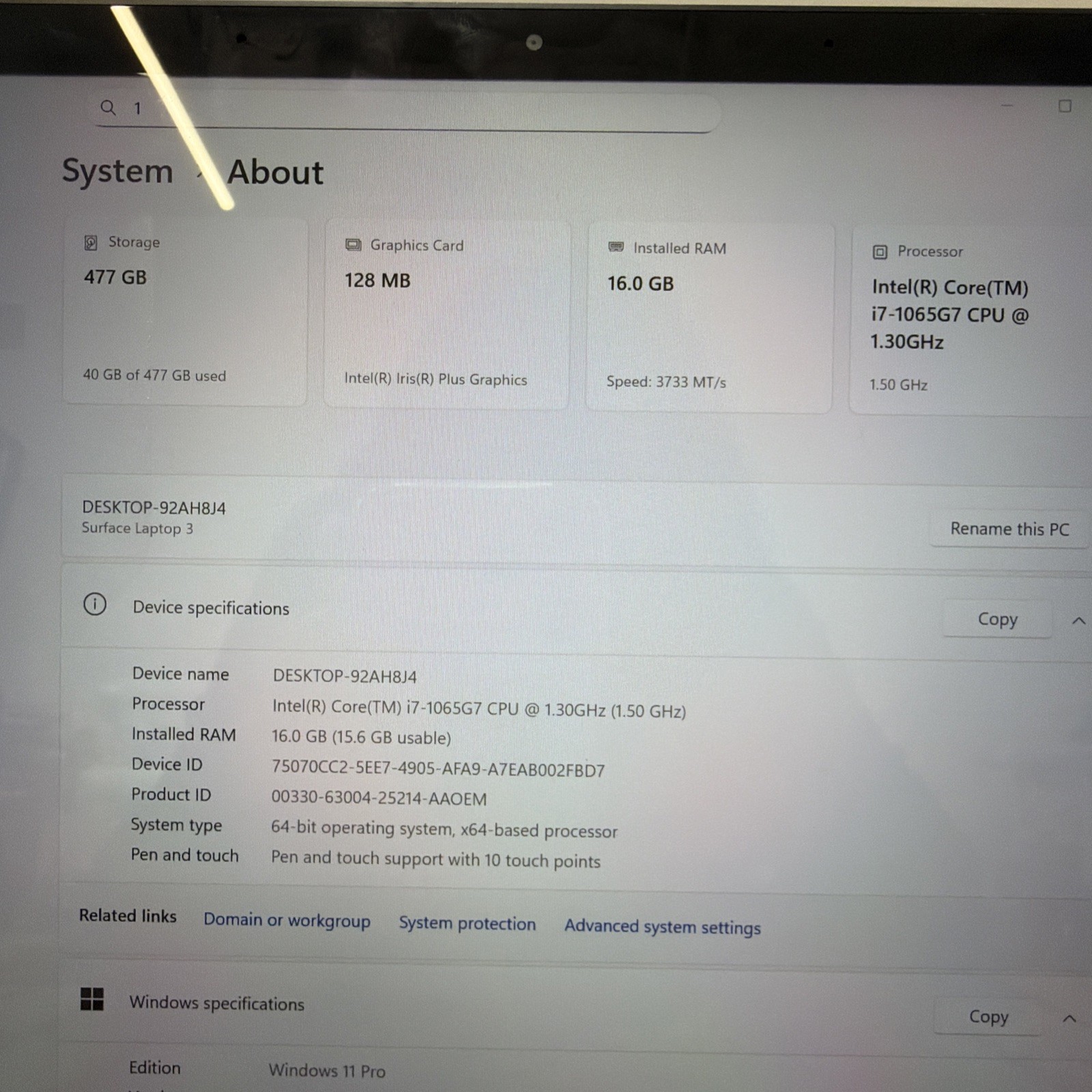 Microsoft Surface Laptop 3 Core i7-1065G7 1.30GHz 16GB RAM 256GB SSD W11P *GOOD*