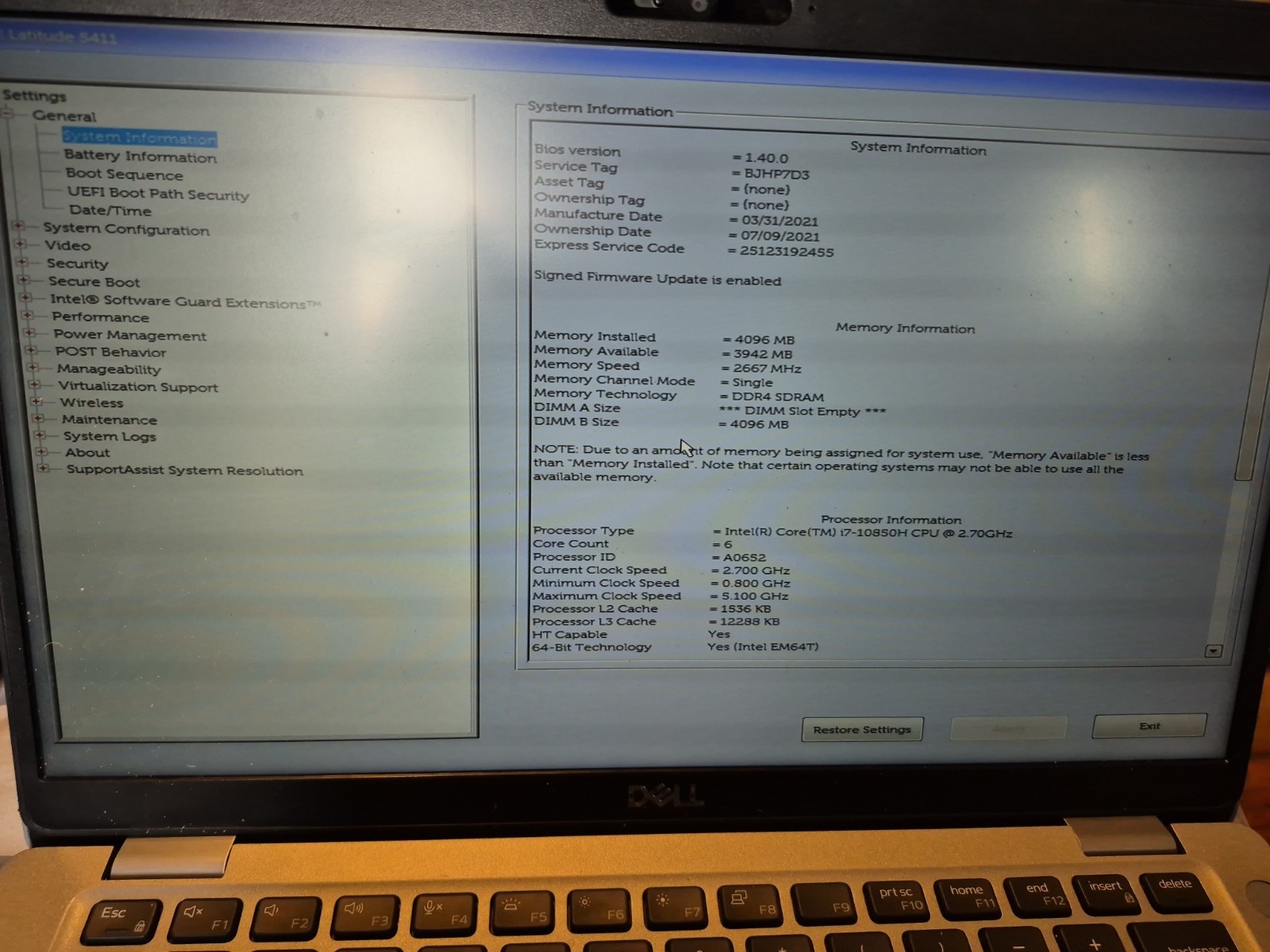 Dell Latitude 5411 14″ Core i7-10850H 2.7GHz 4GB RAM NO DRIVE POOR BATTERY