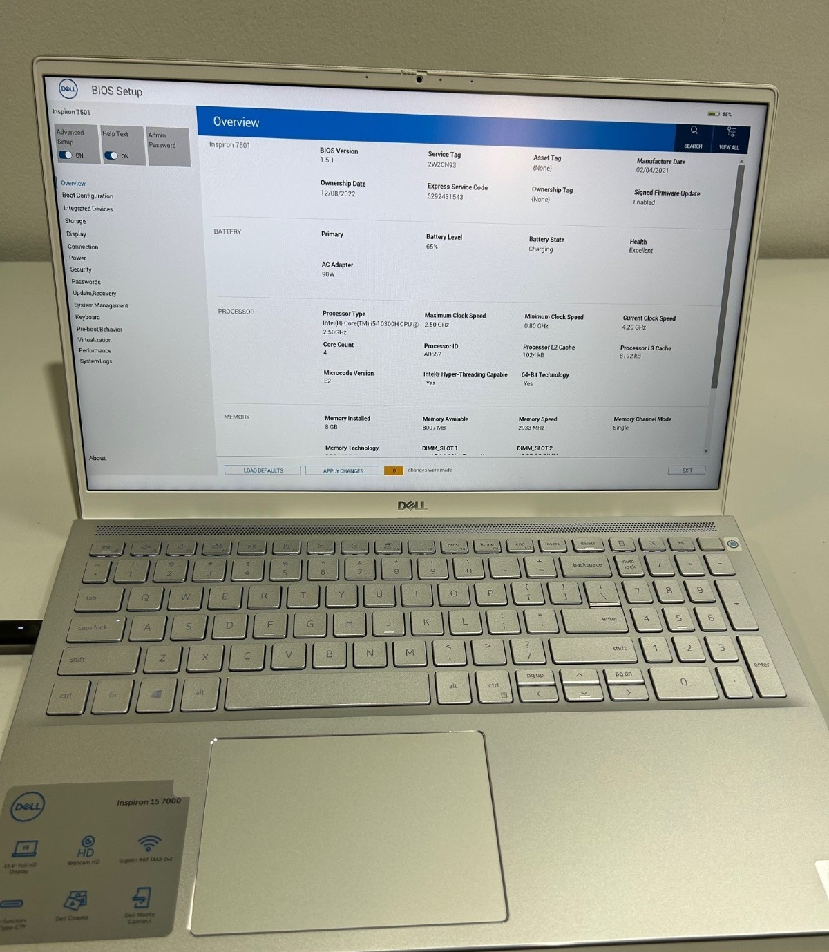 Dell Inspiron 7501 Laptop 15.6″ FHD i5-10300H Win11H 8GB 256GB SSD Backlit Touch