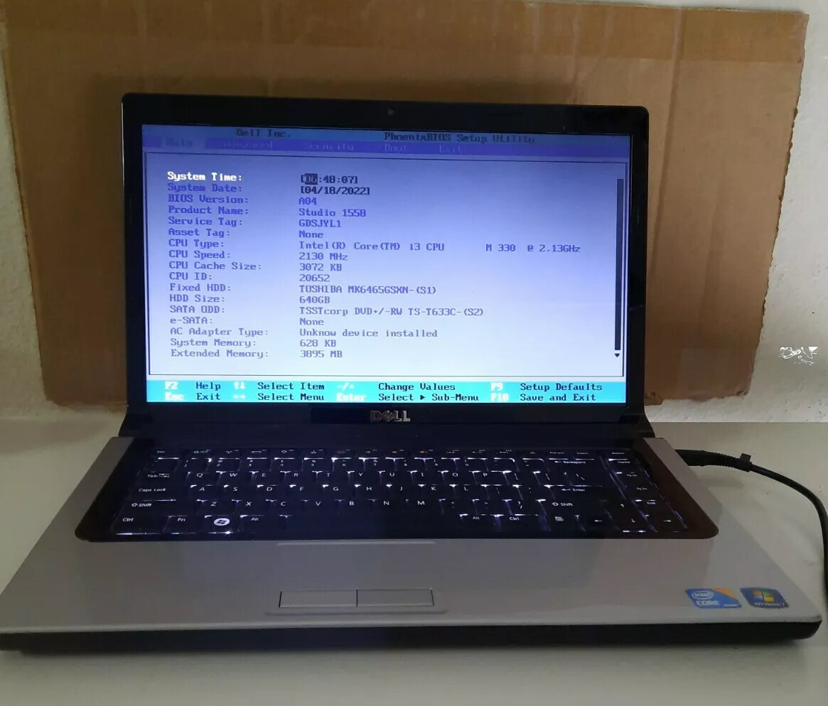 Dell Studio 1558 Core I3 CPU 2.13GHz 15”Screen **** Non working For Parts Only