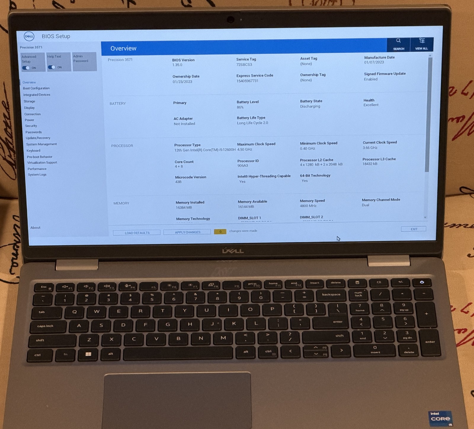 Dell Precision 3571, 15.6″ Screen, i5-12600H 2.70GHz, 16GB RAM 256GB NVME HD