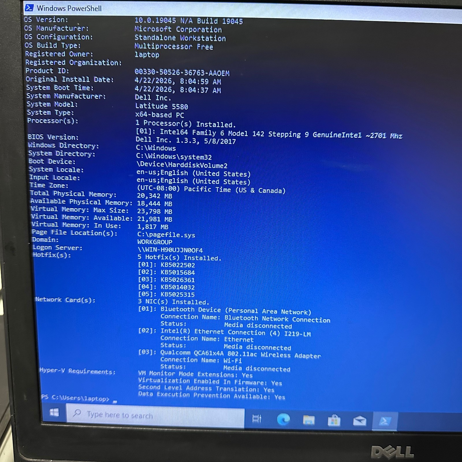 Dell Latitude 5580 15.6 Intel Core i5-7300U 2.6 GHz Quad Core 20GB RAM 512GB SSD