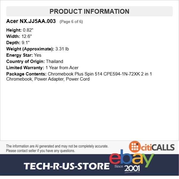 Acer NX.JJ5AA.003 Chromebook Plus Spin 514 14″ Touch Core 7 150U 16GB 256GB SSD