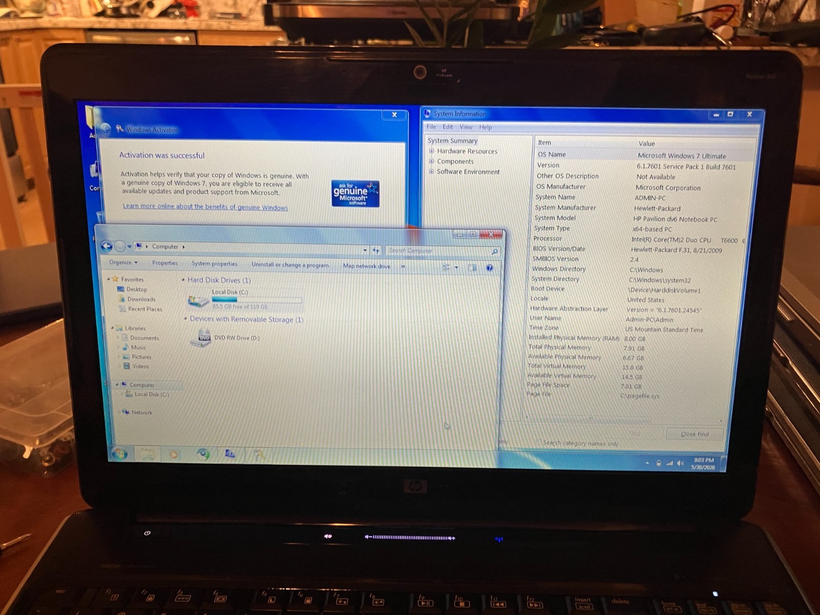 HP Pavilion dv6 Laptop Core 2 Duo 2.2GHz 8GB RAM 120GB SSD Win 7 Wifi w/Charger