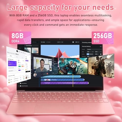 Student Laptop 15.6 Inch, Lightweight Notebook with 8GB RAM 256GB Rose Gold