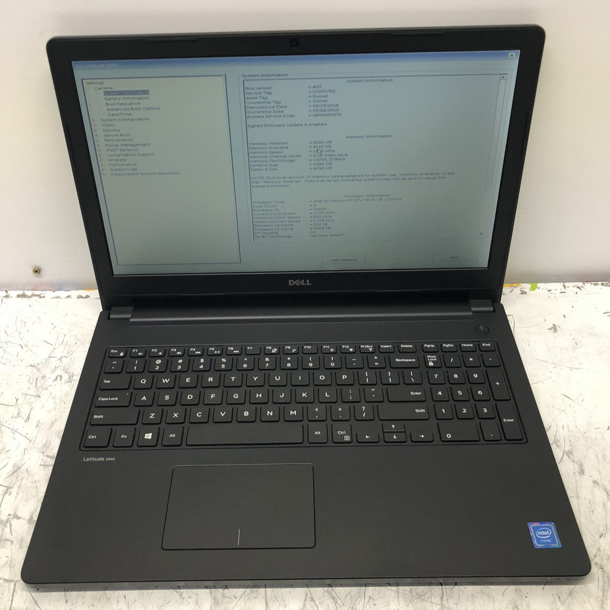 Dell Latitude 3560 | Intel Celeron 3215U | 8GB RAM | NO HDD/OS – Boots to Bios