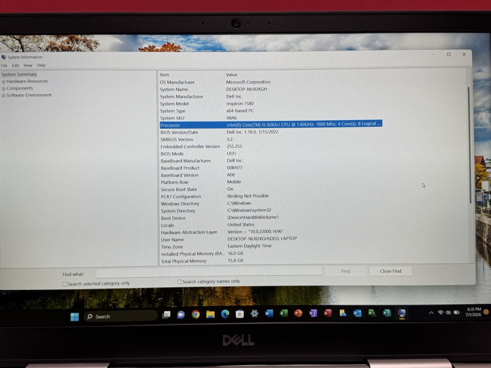 Dell inspiron 7580 i5 8265U 1.6GHz 16GB RAM 256GB SSD