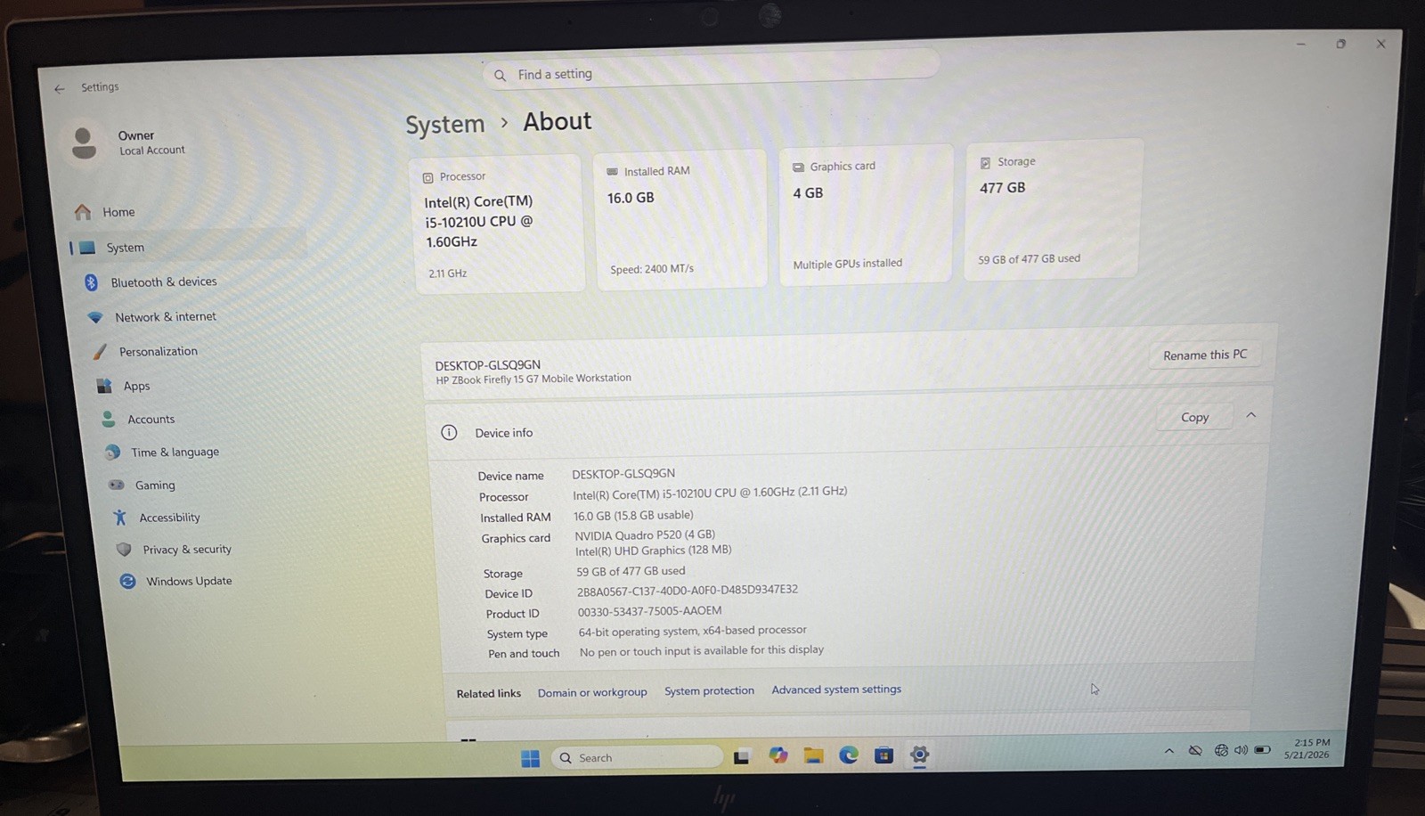 HP Z Book Firefly 15 G7 15″ i5-10210U@1.6GHz, 16GB RAM, 512 GB M2, W11P *READ*
