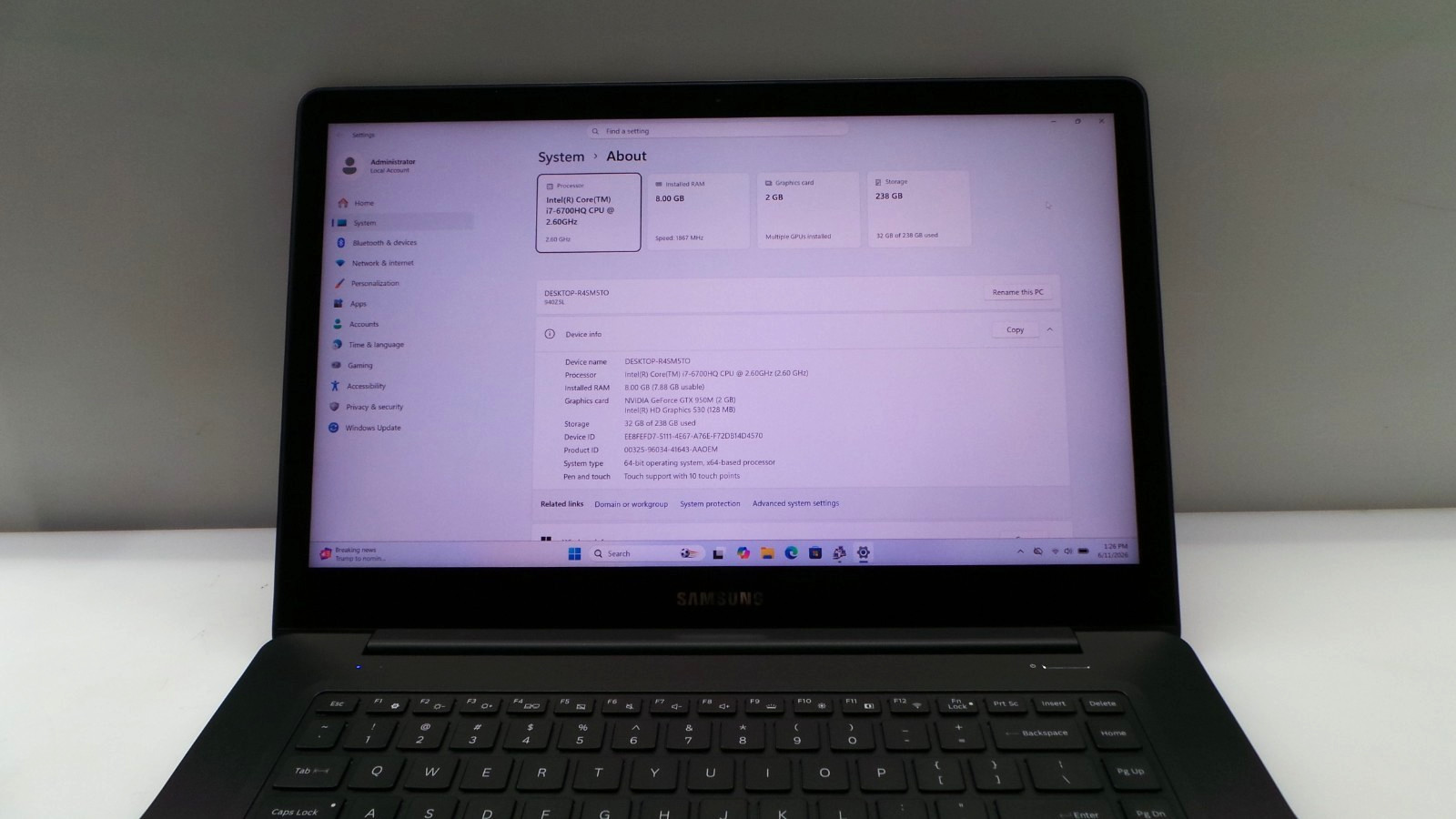 Samsung Notebook NP940Z5L | 15.6″ | i7-6700HQ | 8GB 256GB SSD | Touchscreen