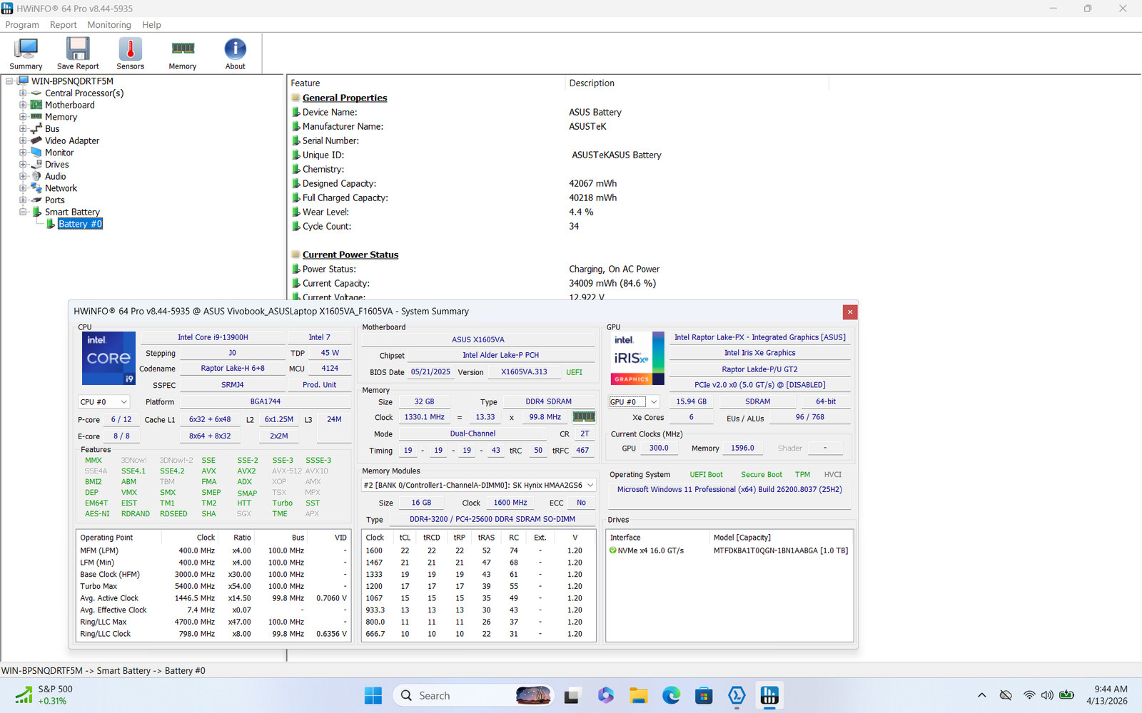 ASUS Vivobook 16 (F1605) 16″ FHD+ I9-13900H 1TB SSD 32GB W11P Webcam Backlit