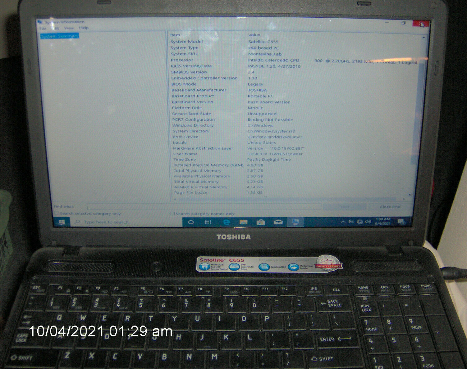 Used Toshiba Satellite C655 S5049 Laptop Computer Windows 10 HD 232 gb (#2)