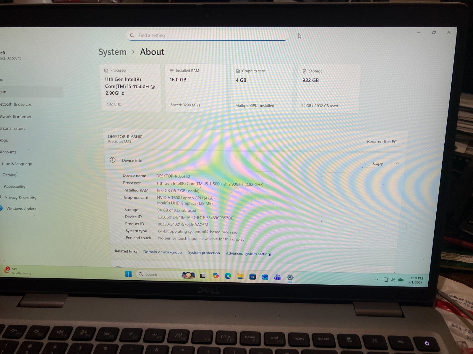 Dell Precision 3561 Core i5-11500H 2.90GHz 16GB 1TB WD SN850X 4×4.0 NVMe SSD W11