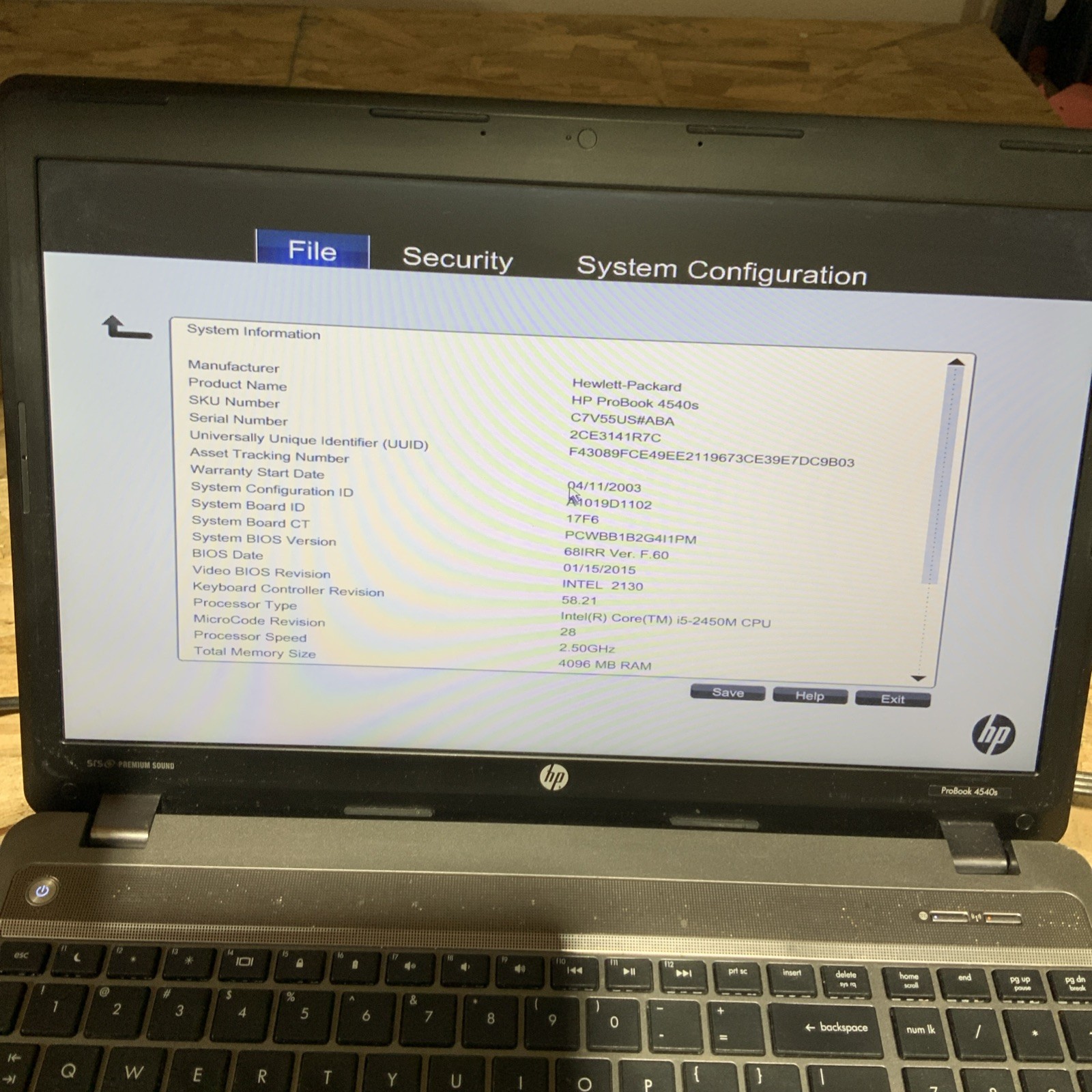 HP ProBook 4540s i5-2450M 2.5GHz, 4GB Ram 320 GB HDD NO OS C218