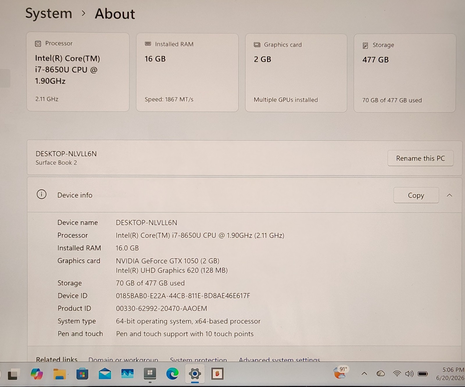 Microsoft 13.5″ Surface Book 2 i7-8650U 16GB 512GB SSD NVIDIA GeForce Win 11 Pro