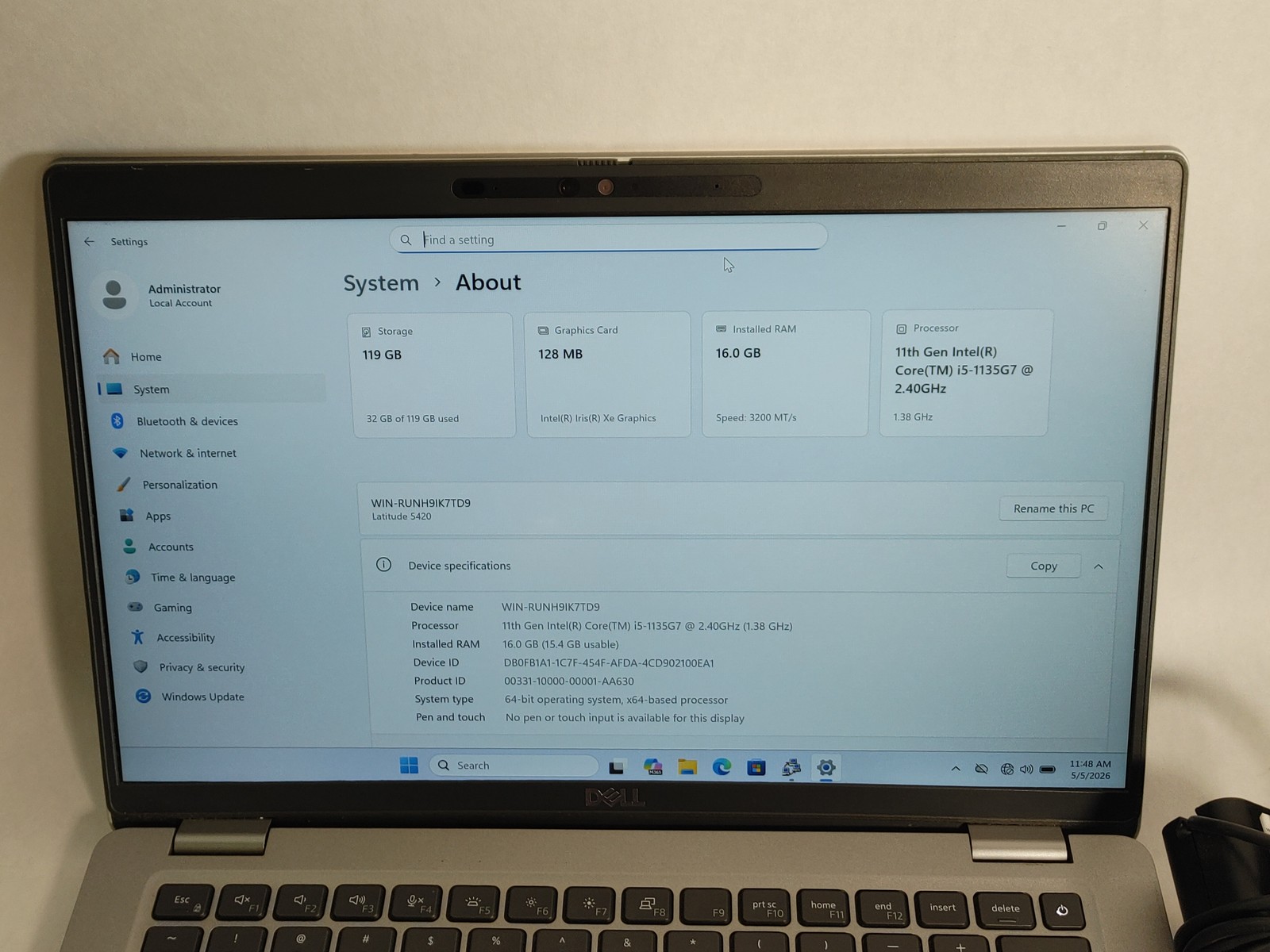 Dell Latitude 5420 Core i5-1135G7 2.40 GHz 16 GB DDR4 128 GB NVMe Windows 11 Pro