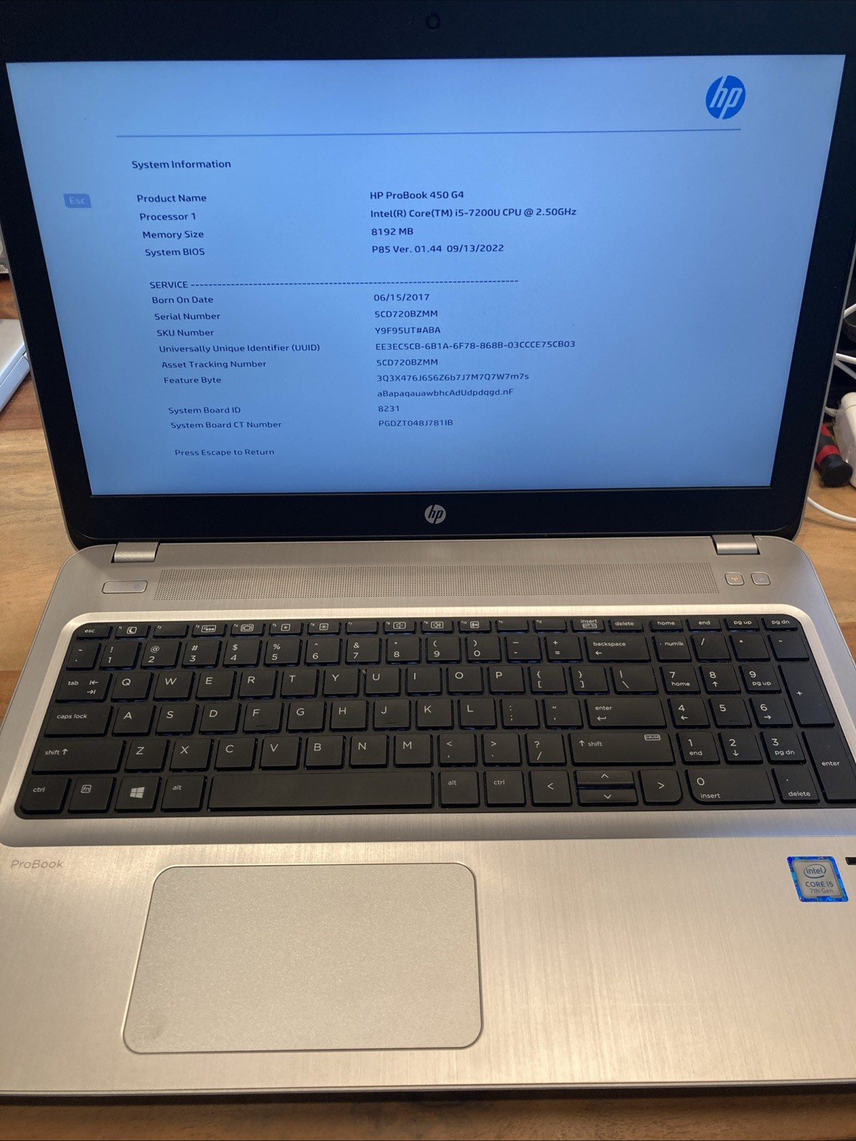 HP ProBook 450 G4 i5-7200U 2.5GHz No Drive No RAM 15.6in READ