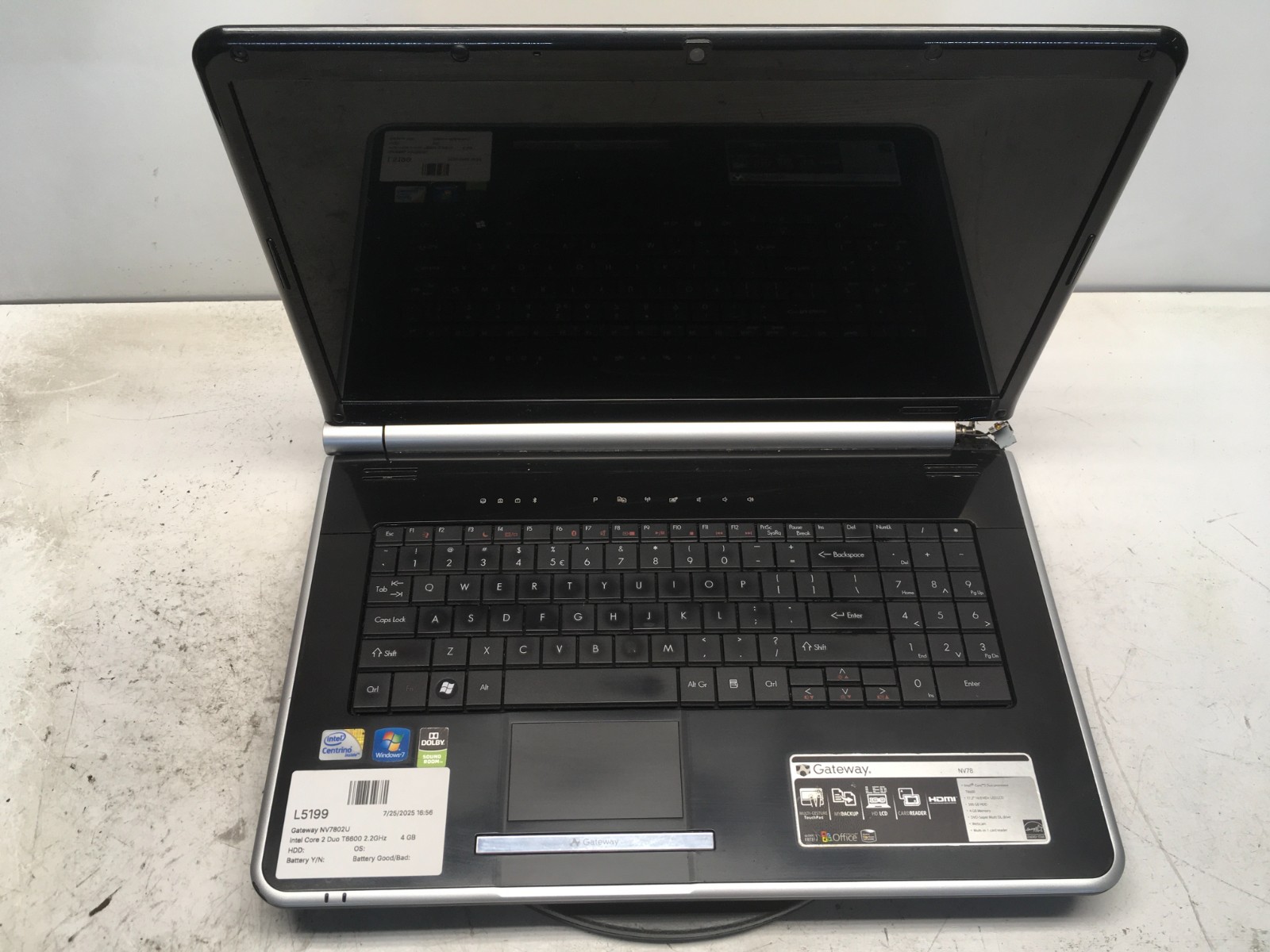 Gateway NV7802U Intel Core 2 Duo T6600 2.2GHz 4 GB NO HDD READ
