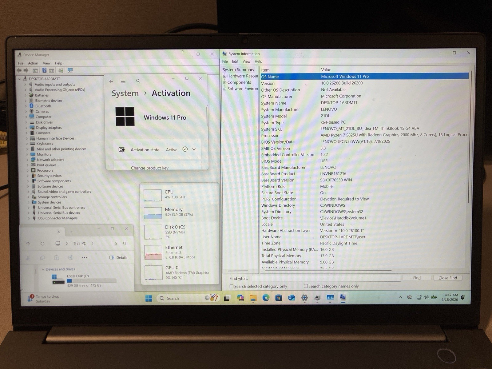 Lenovo ThinkBook 15 G4 LAPTOP ABA 15″ RYZEN 7 5825U 16GB RAM 512GB – Very Good