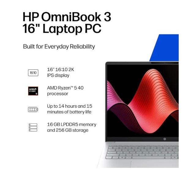 🔥HP OmniBook 3 16″ 2K Touchscreen AMD Ryzen 5 40 16GB 256GB SSD AMD 610M-Silver