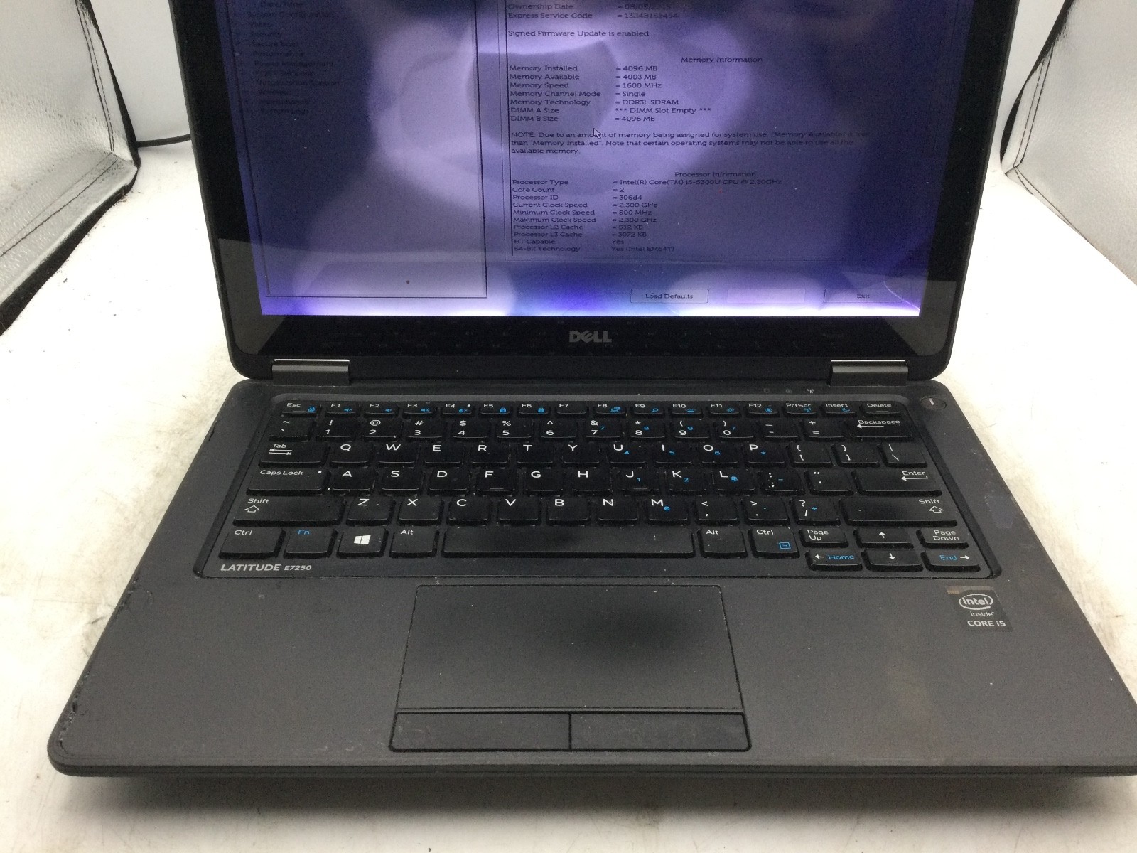 DELL LATITUDE E7250 – BOOTS TO BIOS – INTEL I5 5300 – NO RAM – READ DESC -BB