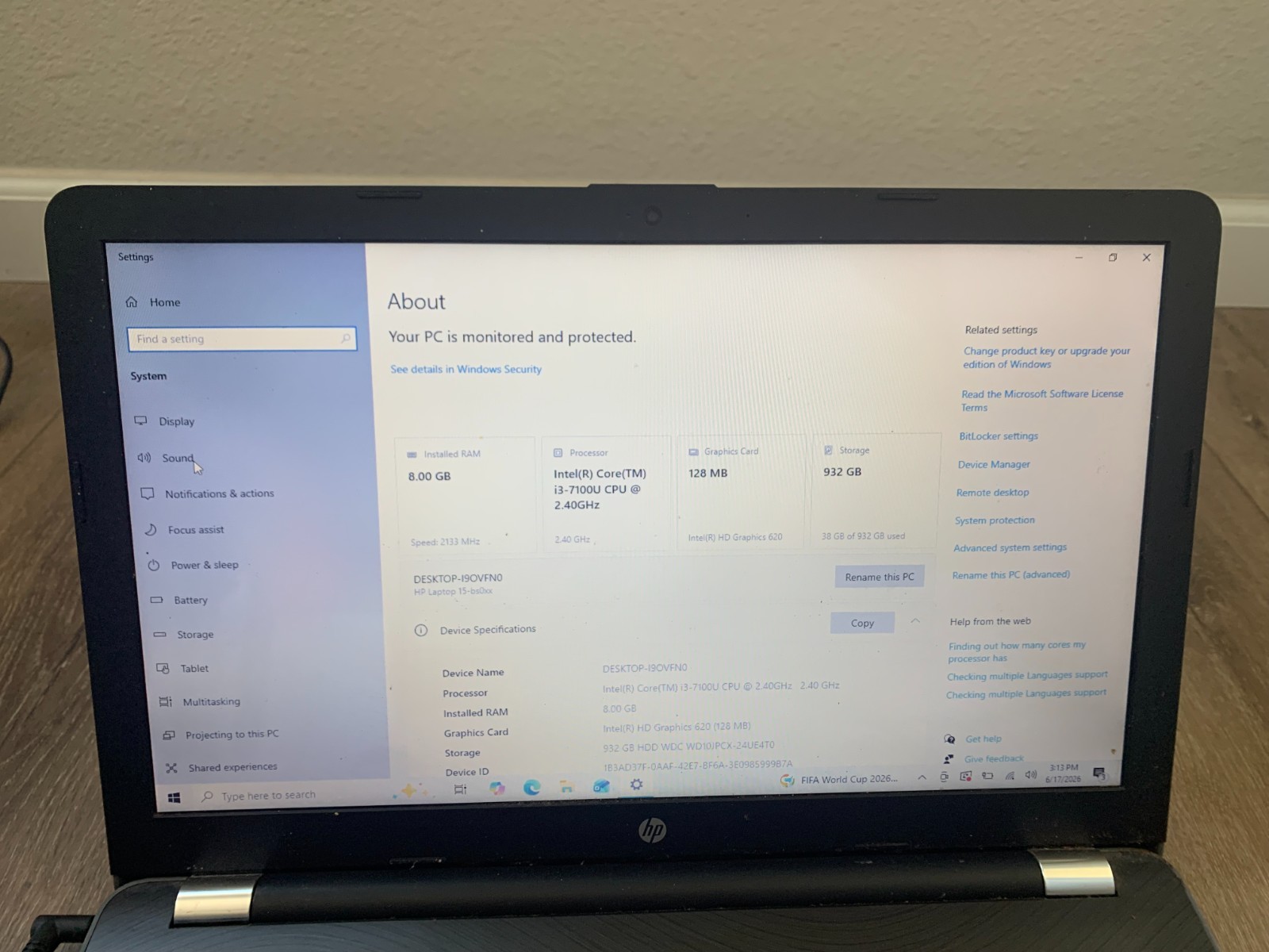 HP 15-bs033cl 15.6″ Touchscreen intel Core i3-7100U 2.40GHz 8GB RAM 1TB Win 10