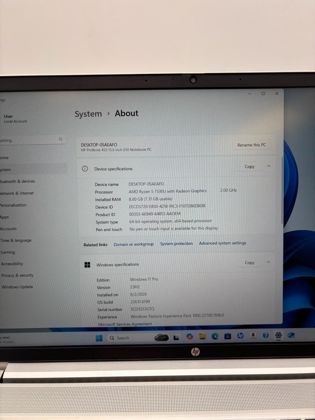 HP ProBook 455 G10 15.6″ 256 GB SSD 8 GB RAM Ryzen 5 7530U Windows 11 Pro