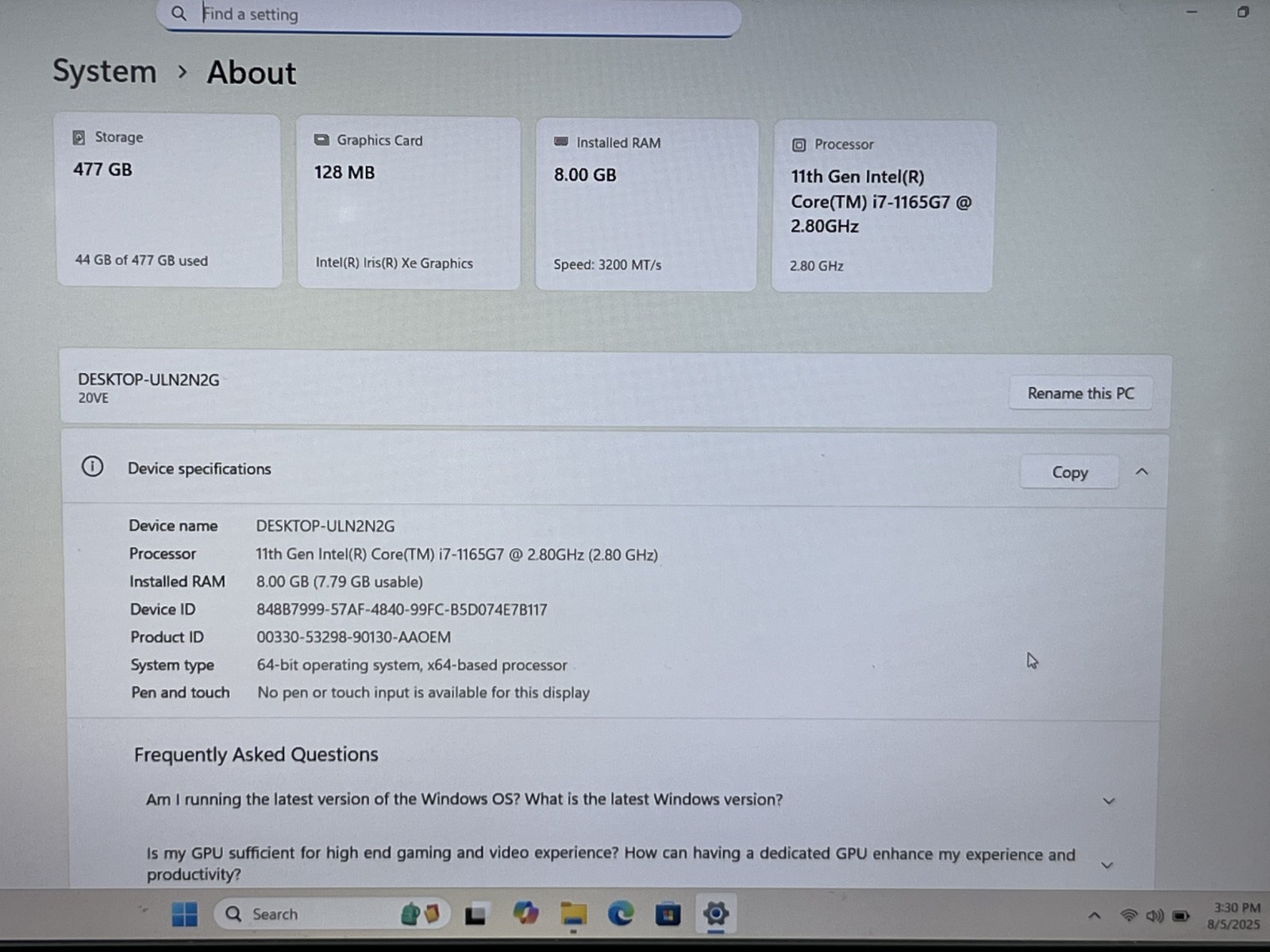 LENOVO THINKBOOK G2 ITL i7-1165G7 @ 2.80GHz 8GB RAM 512GB NVMe W11P WAC *READ
