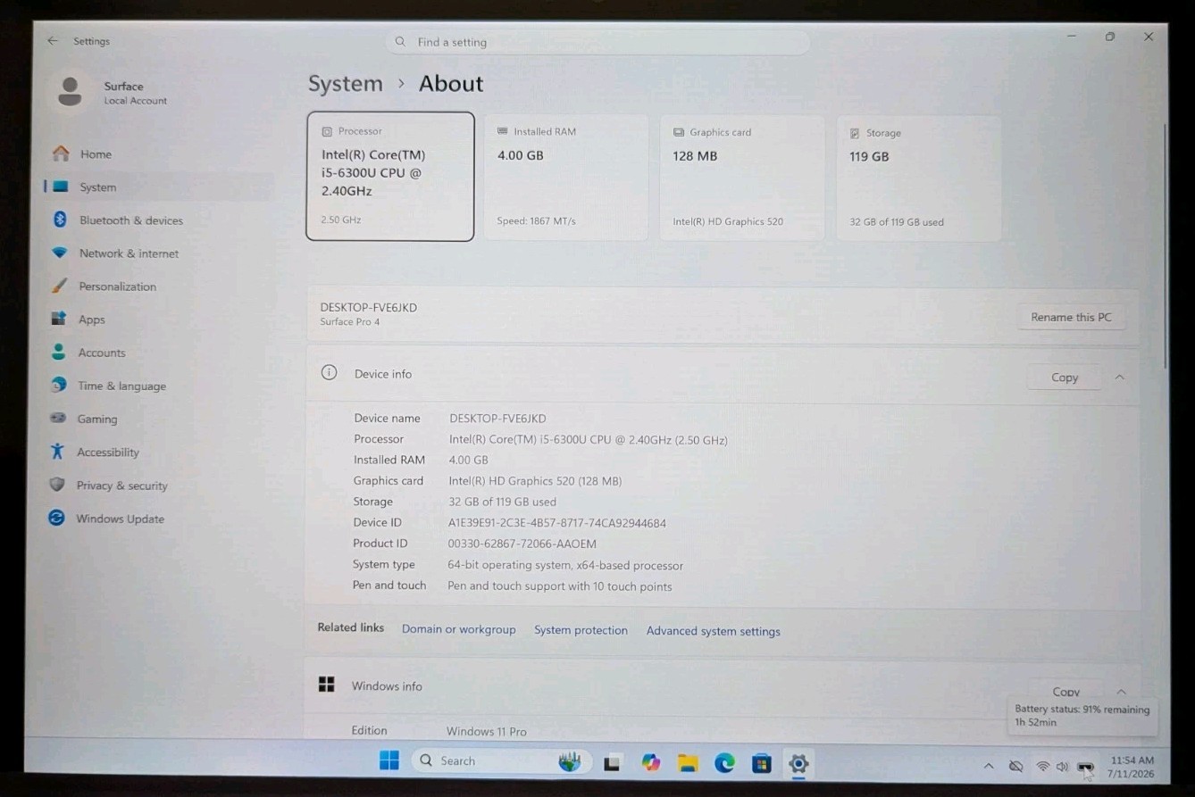 Microsoft Surface Pro 4 (1724) Tablet i5-6300U 8GB RAM 128GB SSD Win 11 Pro