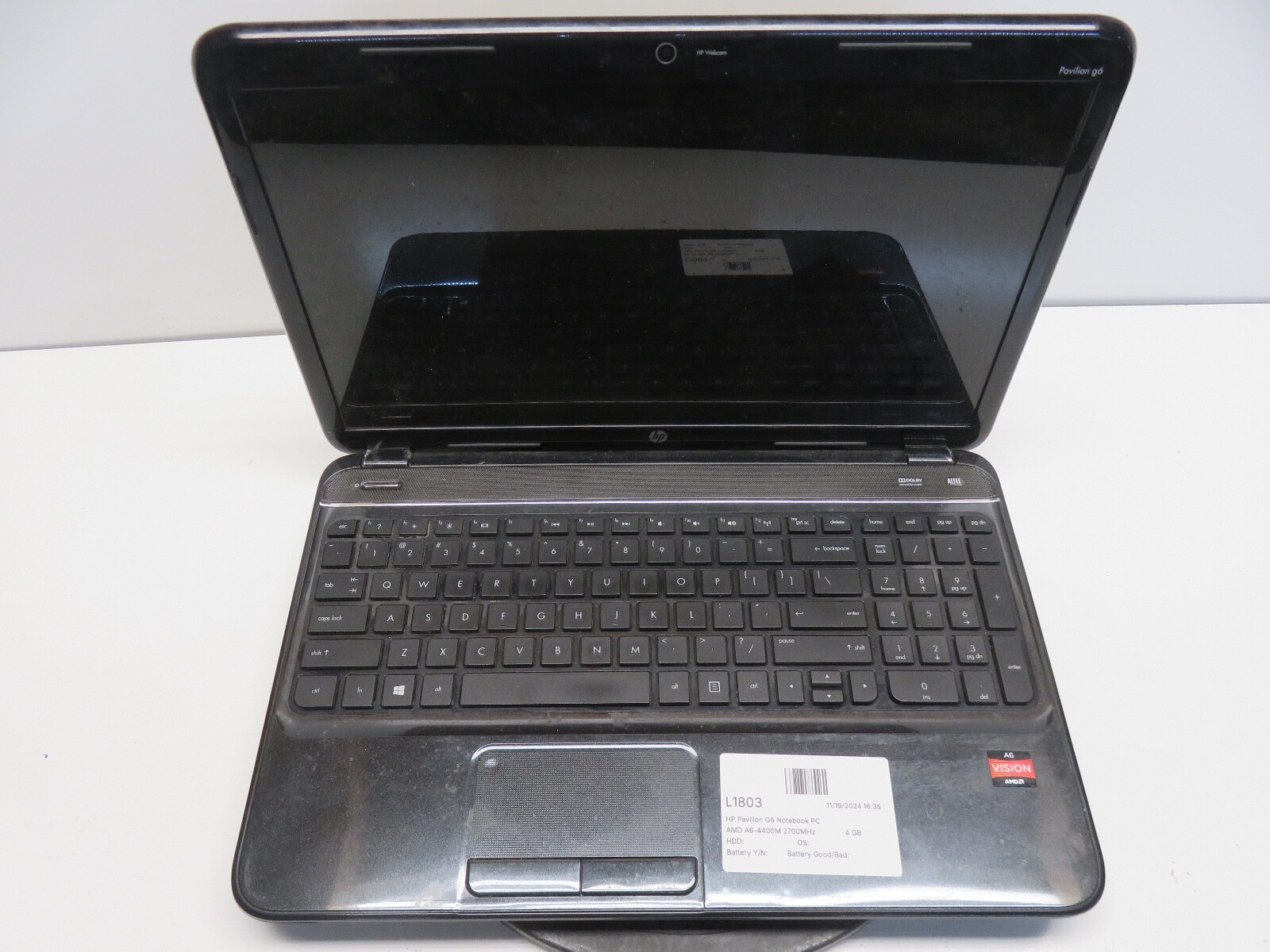 HP Pavilion G6-2228nr AMD A6-4400M 2700MHz 4 GB NO HDD No Batt