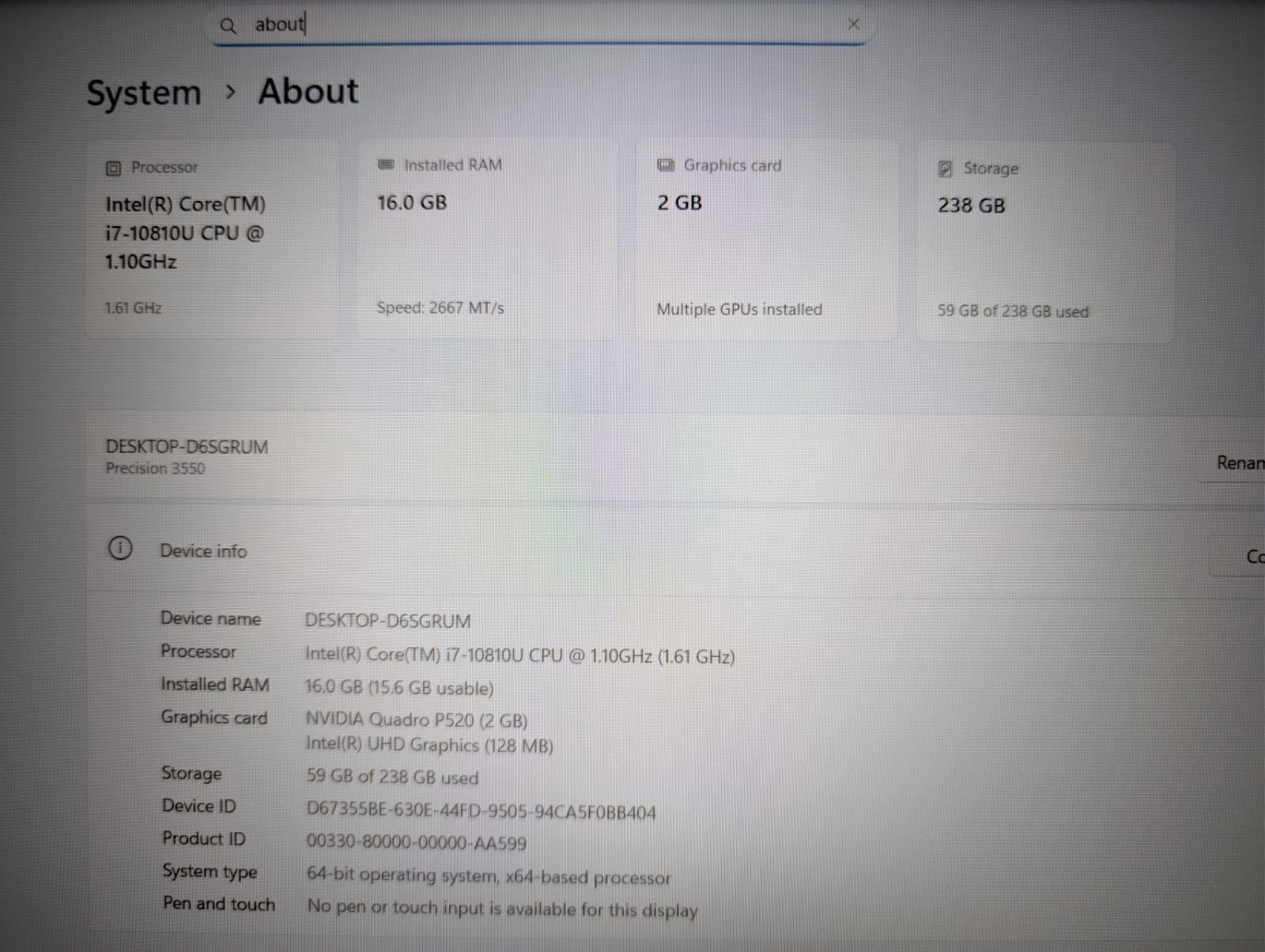 15″ Dell Precision 3550 | i7 10th 16GB RAM 256GB SSD | FHD NVIDIA P520 Backlit