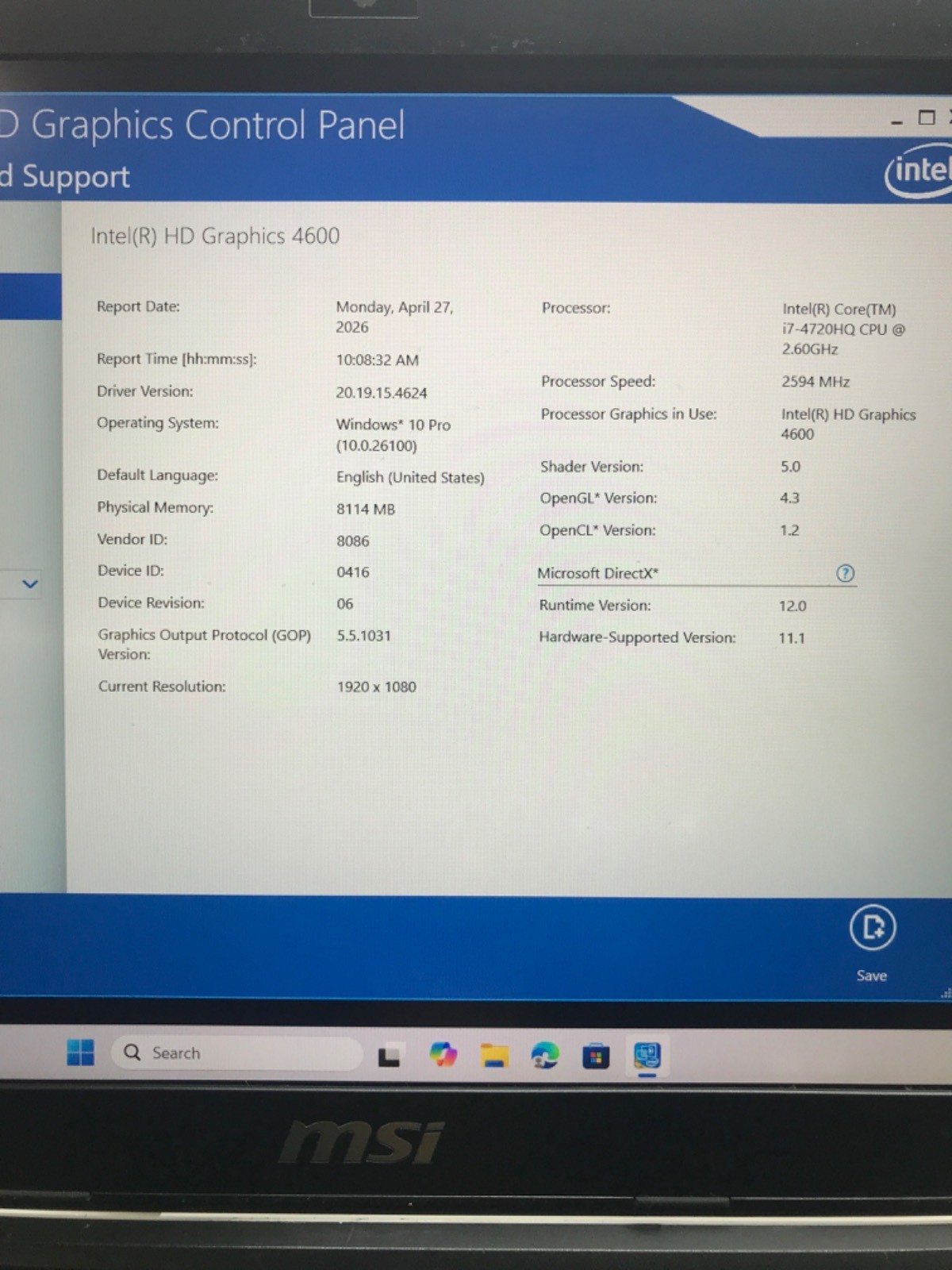 MSI GE62 2QF APACHE PRO i7-4720HQ 8GB 256GB SATA SSD W11P *READ
