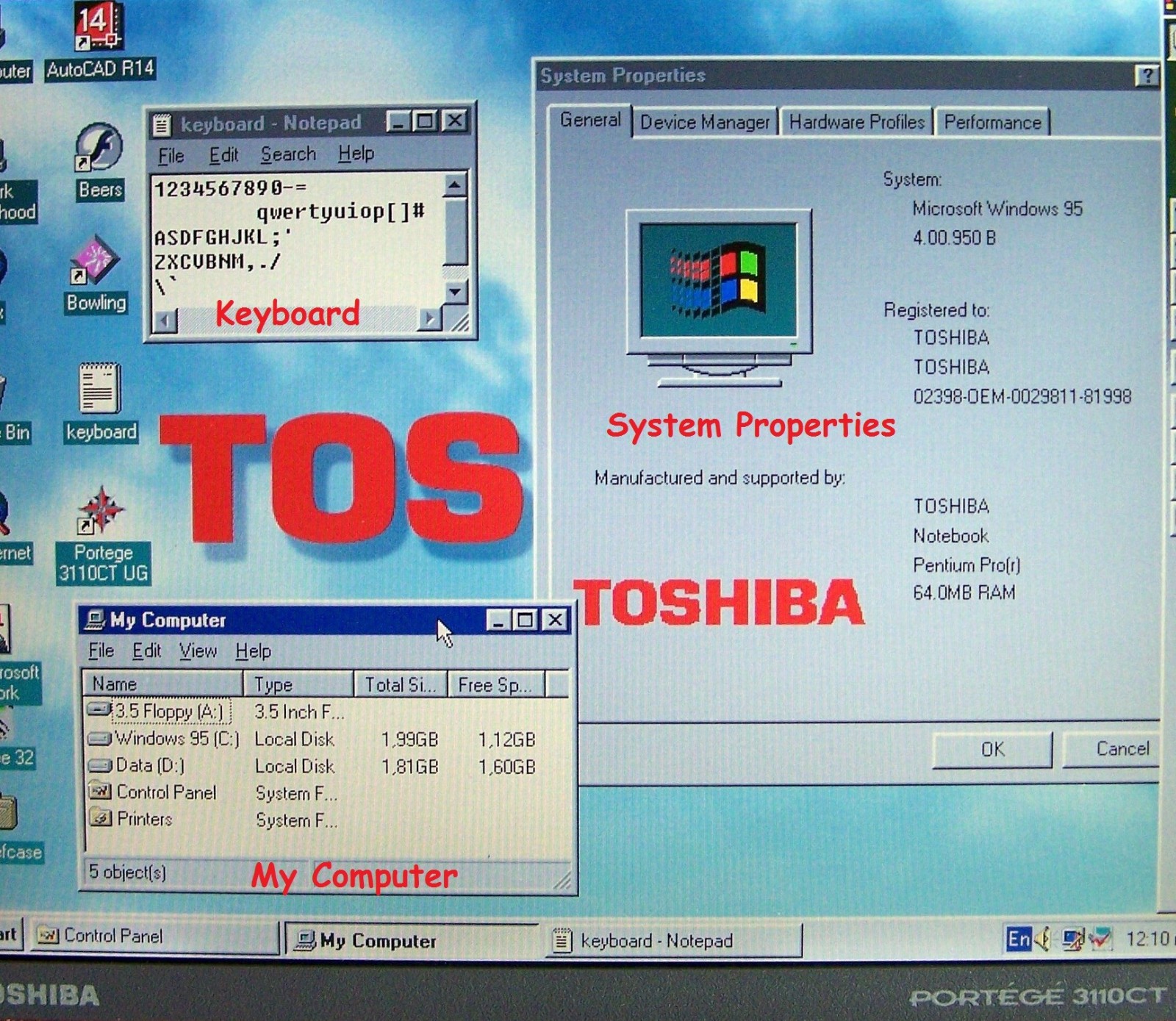 Win95 Toshiba Portege 3110CT Pentium 2, 300MHz 64MB 4GB Floppy Dos-ΝΟ armada cds