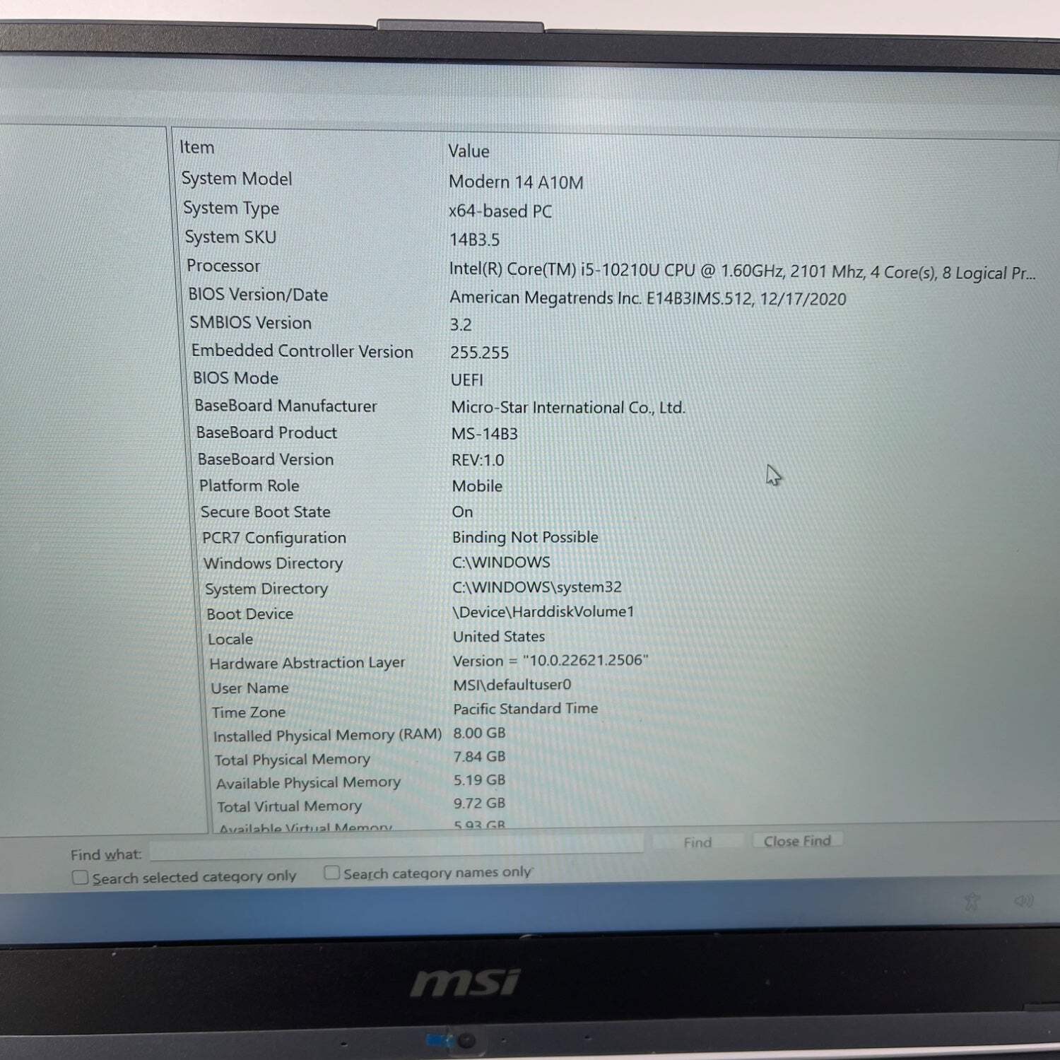 MSI Modern 14 A10M 14″ i5-10210U 1.6GHz 8GB RAM 512GB SSD