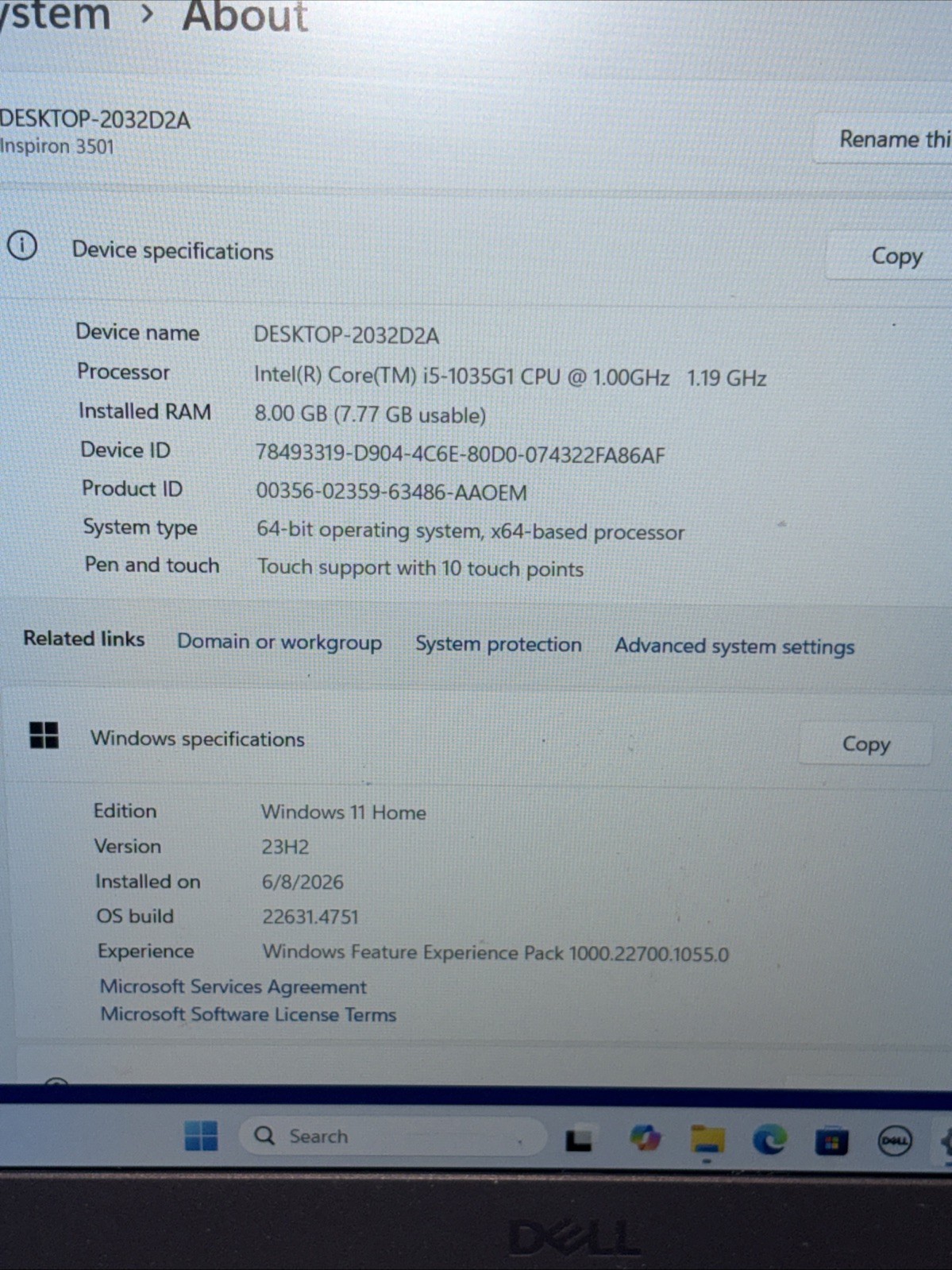 Dell Inspiron 3501 15.5in i5-1035G1 1.0 GHz 8GB 256GB 2019 WIN 11 Home