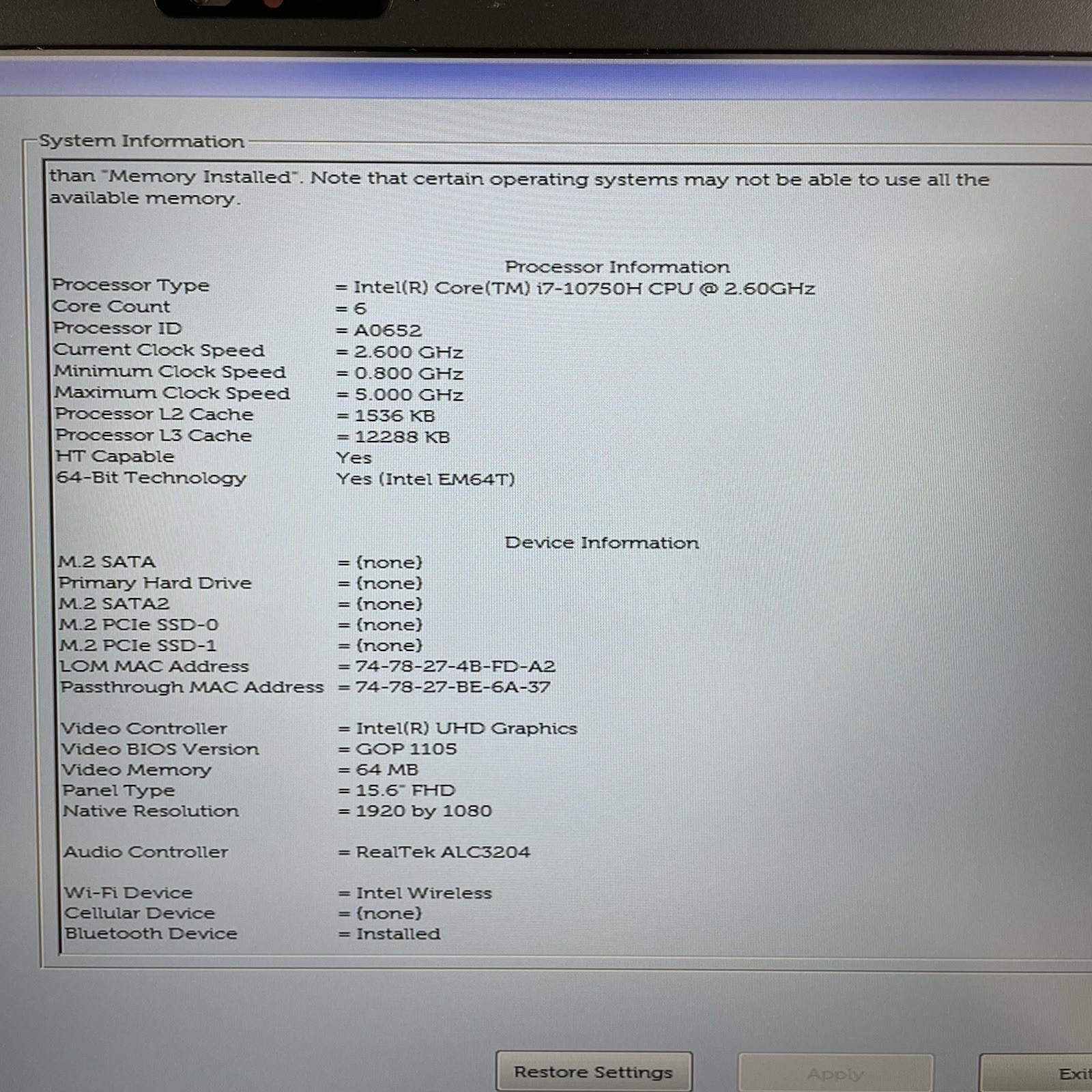 Dell Precision 3551 15.6″ i7-10750H 2.60 GHz 16 GB RAM No SSD/OS/AC