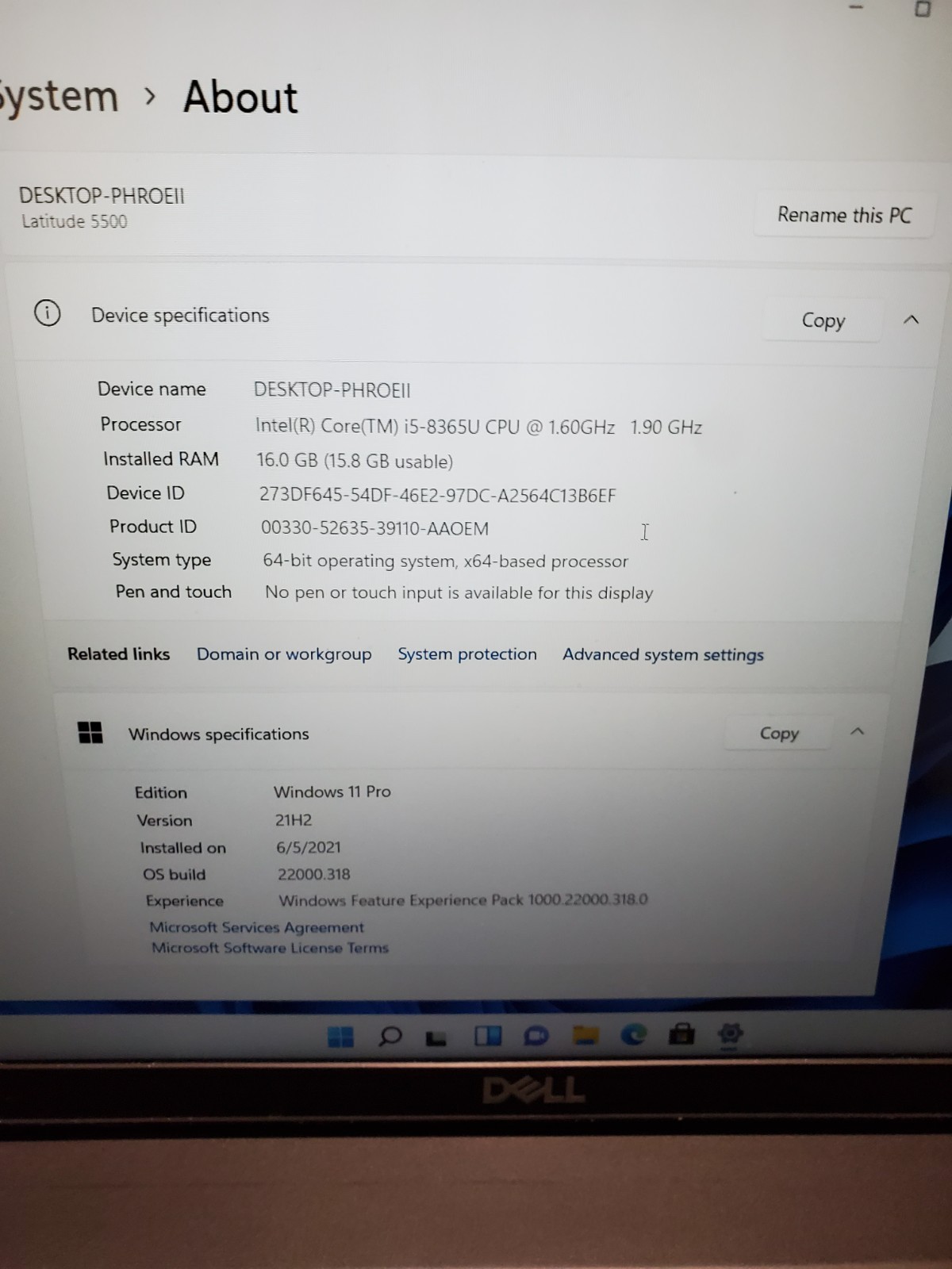 Dell Latitude 5500 Core i5-8365U 1.60GHz 16GB RAM 256GB SSD Win11 #69